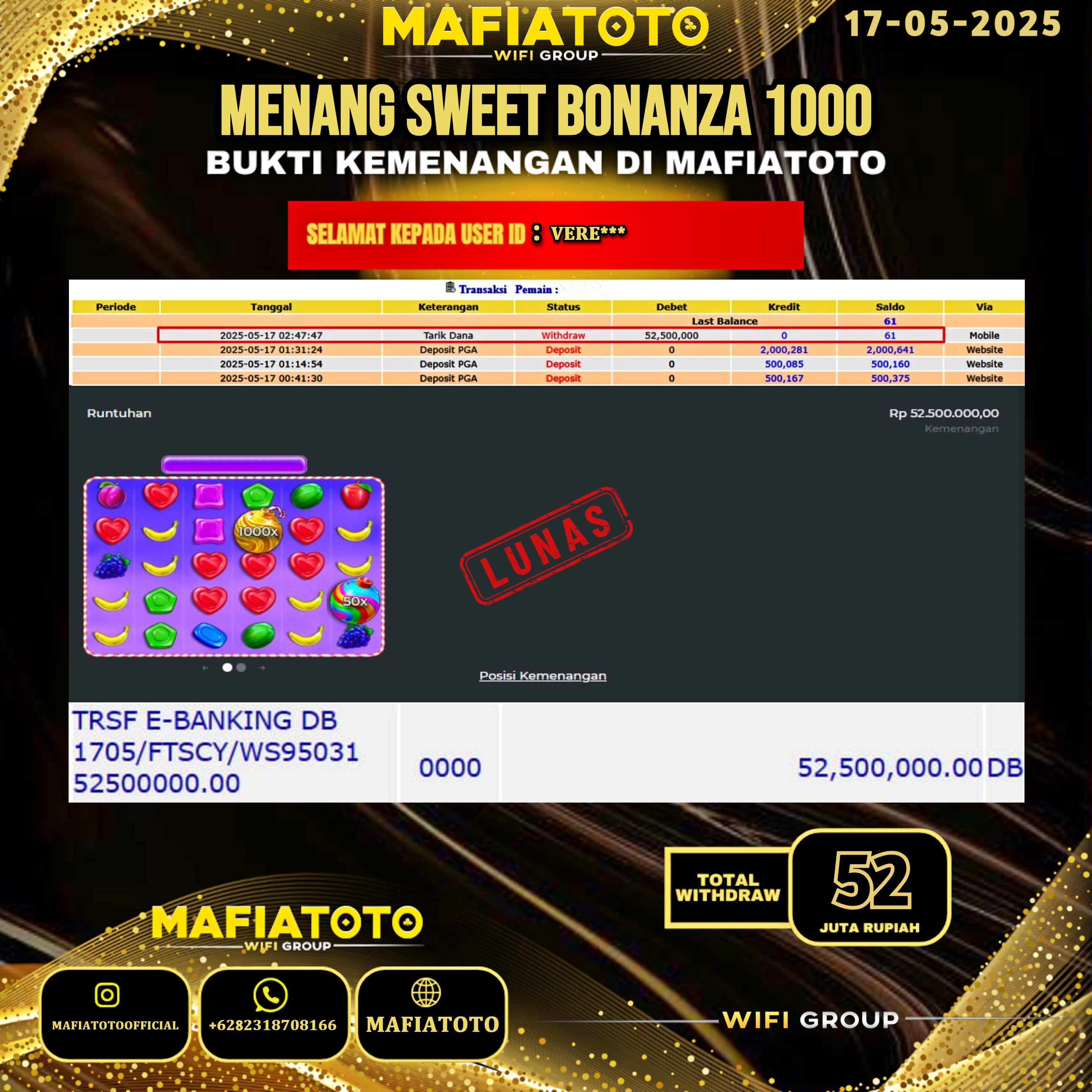 MAFIATOTO JACKPOT SLOT SWEET BONANZA 1000 RP.52.000.000 - LUNAS ID : VERE***