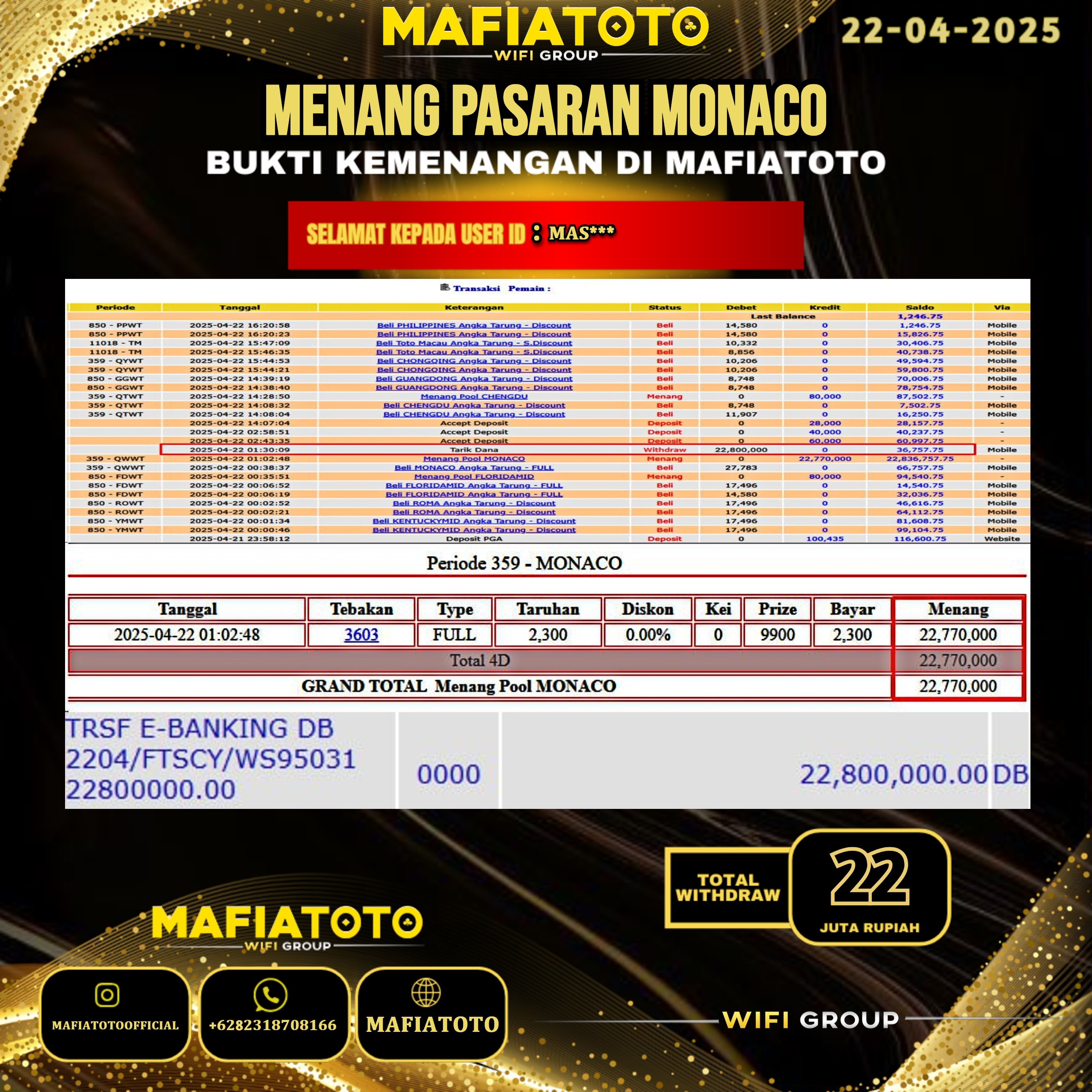 MAFIATOTO JACKPOT TOGEL PASARAN TURIN RP.22.000.000 - LUNAS ID : MAS***