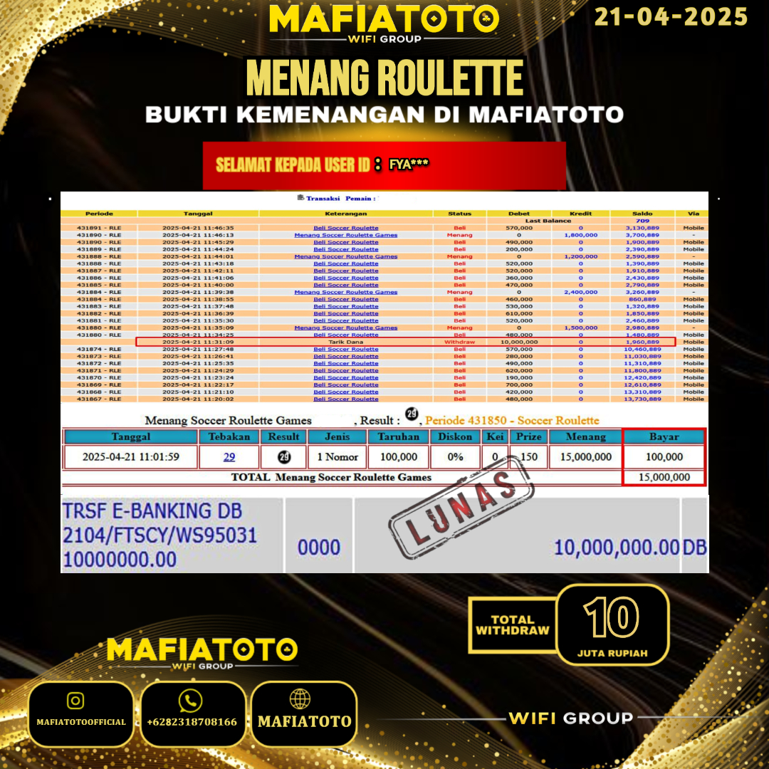 MAFIATOTO JACKPOT LIVE GAMES ROULETTE RP.10.000.000 - LUNAS ID : FYA***