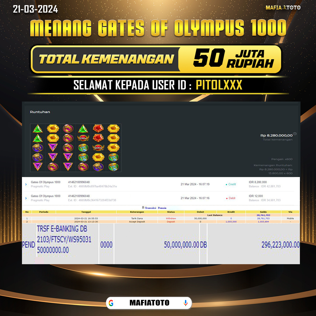 MAFIATOTO JACKPOT SLOT GATES OF OLYMPUS 1000 Rp.50.000.000,- LUNAS