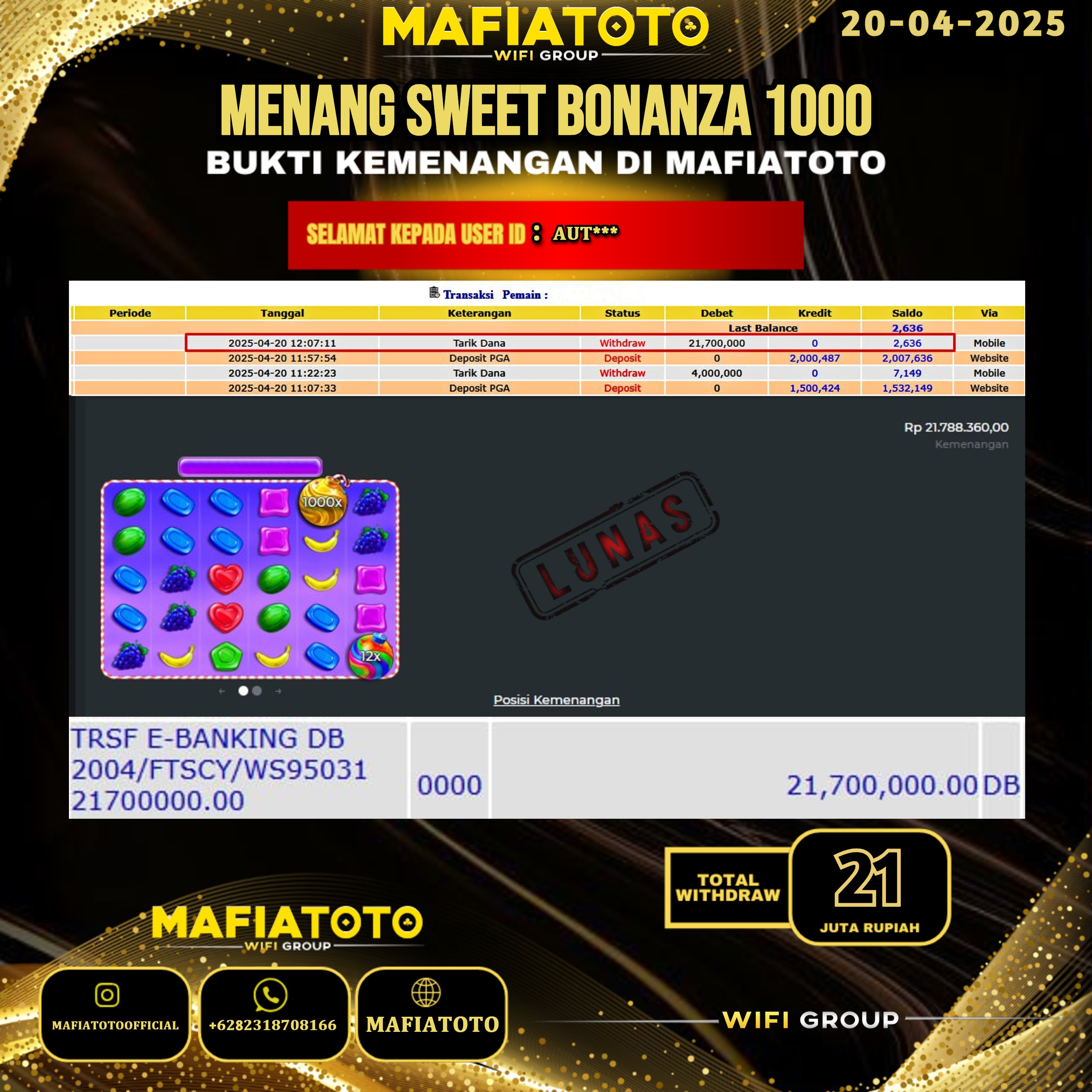 MAFIATOTO JACKPOT SLOT SWEET BONANZA 1000 RP.21.000.000 - LUNAS ID : AUT***