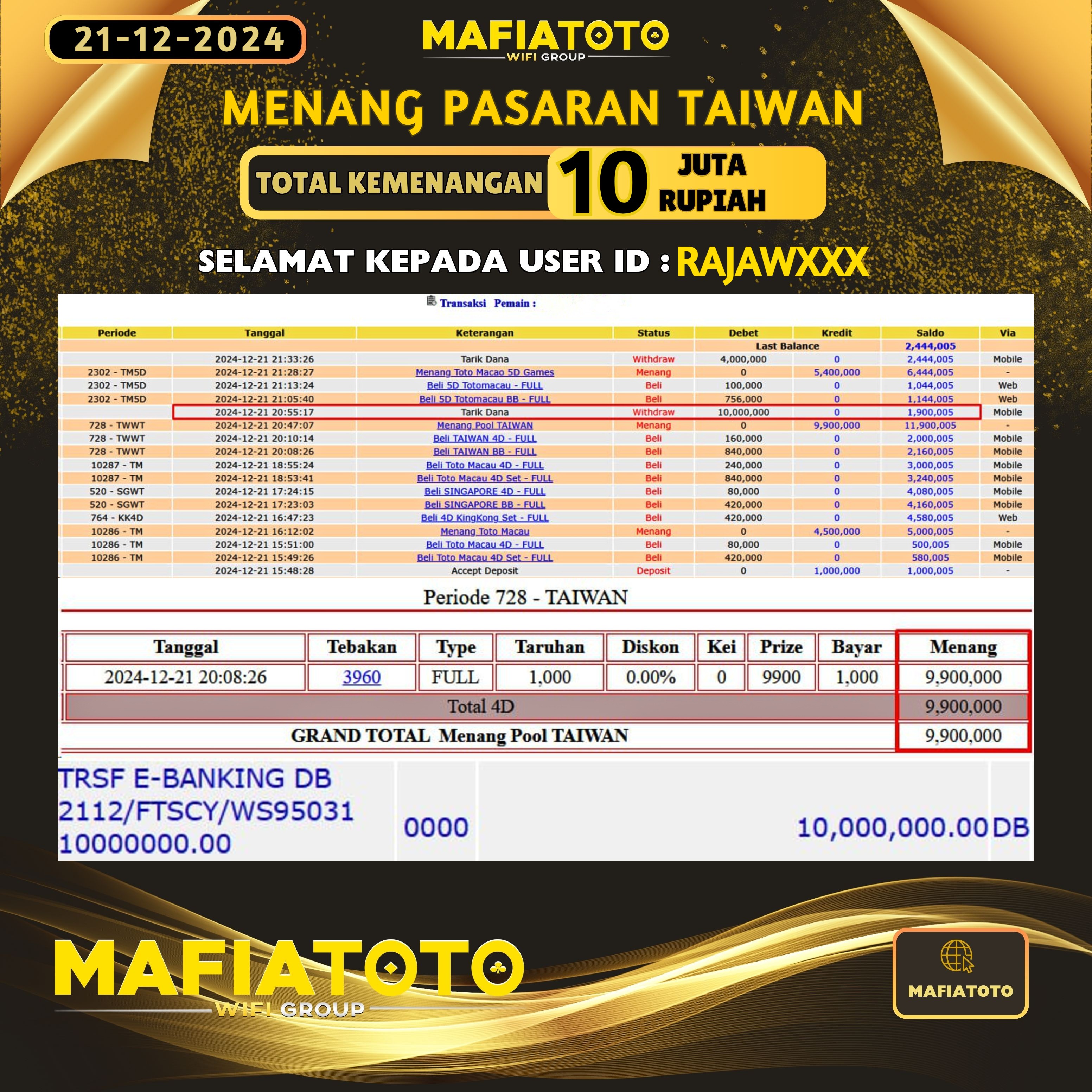  MAFIATOTO JACKPOT TOGEL PASARAN TAIWAN RP.10.000.000 - LUNAS ID : RAJAW***	