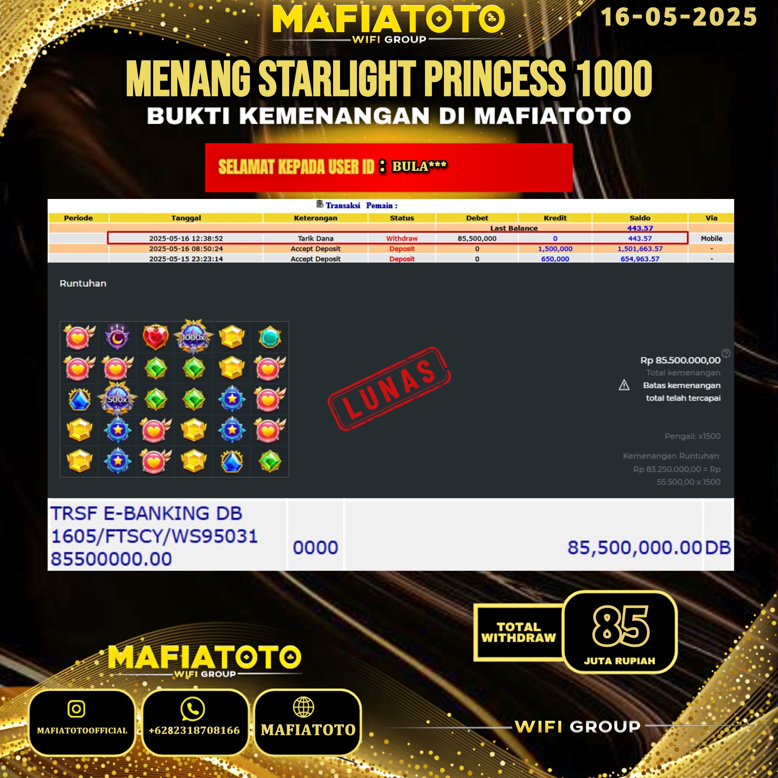 MAFIATOTO JACKPOT SLOT STARLIGHT PRINCESS 1000 RP.85.000.000 - LUNAS ID : BULA***