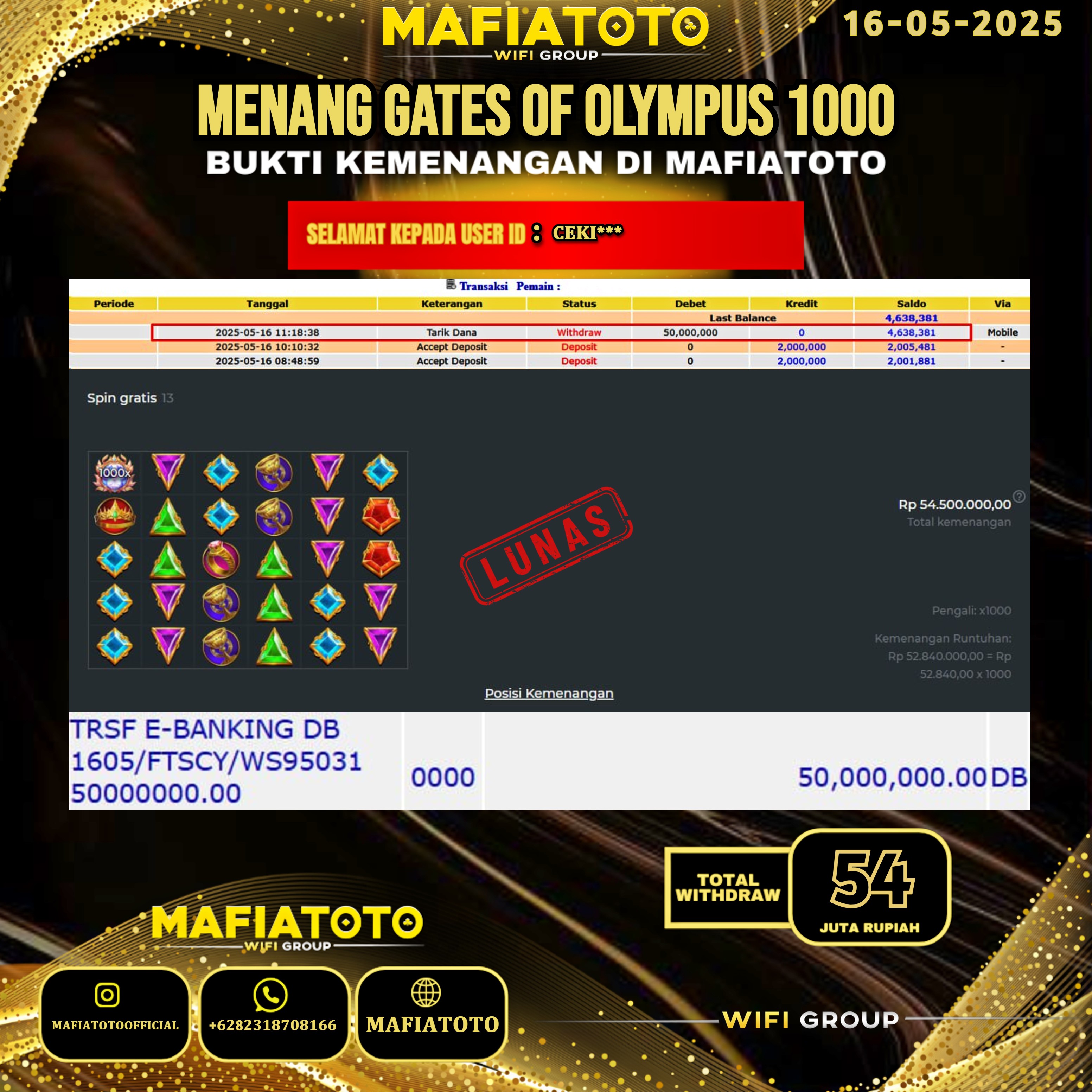 MAFIATOTO JACKPOT SLOT GATES OF OLYMPUS 1000 RP.54.000.000 - LUNAS ID : CEKI***