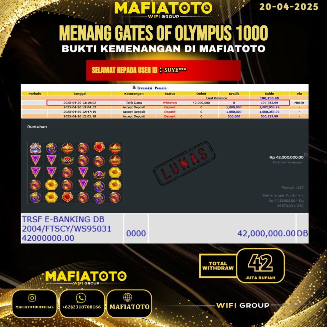 MAFIATOTO JACKPOT SLOT GATES OF OLYMPUS 1000 RP.42.000.000 - LUNAS ID : SUYE***