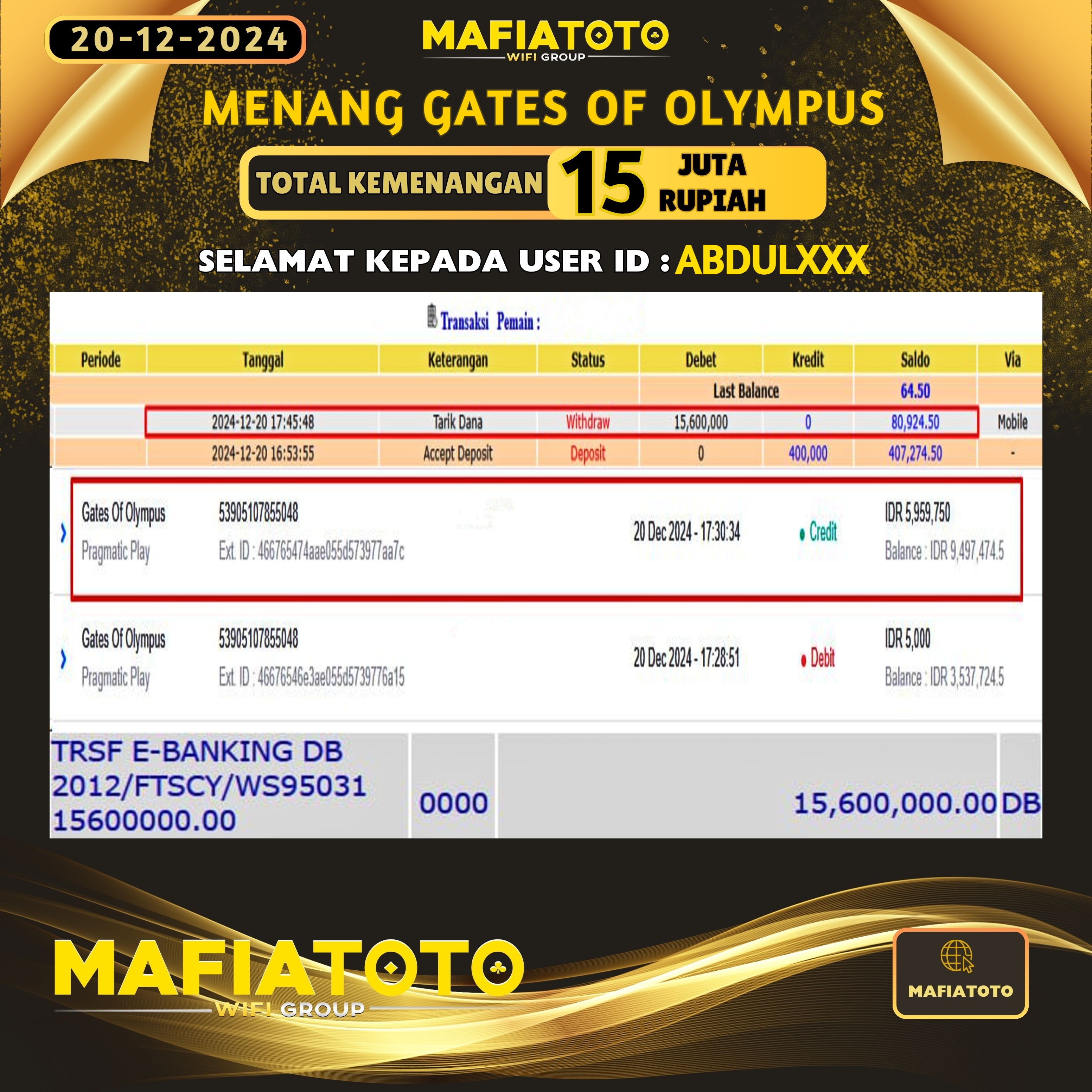 MAFIATOTO JACKPOT SLOT GATES OF OLYMPUS RP.15.000.000 - LUNAS ID : ABDUL***	