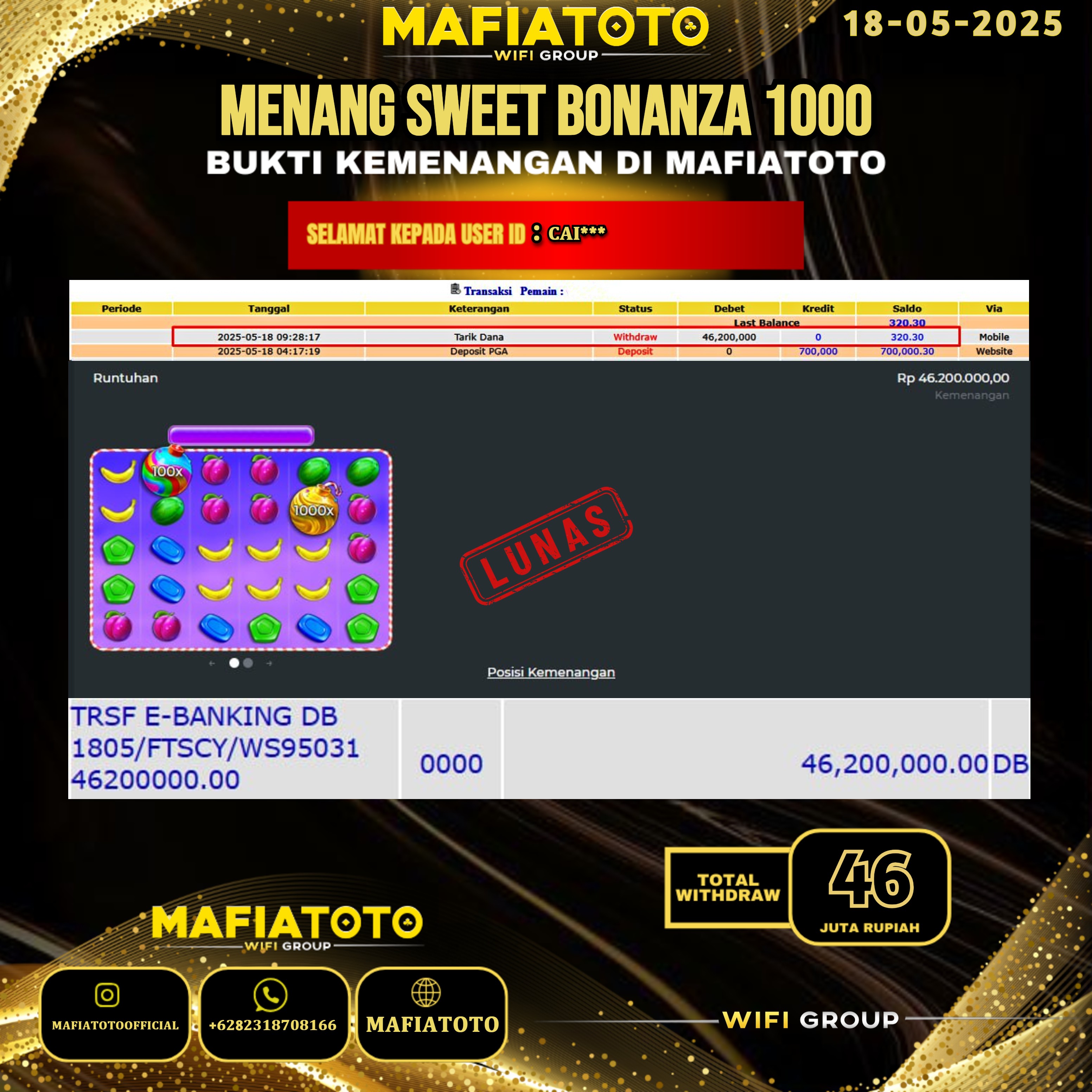 MAFIATOTO JACKPOT SLOT SWEET BONANZA 1000 RP.46.000.000 - LUNAS ID : CAI***