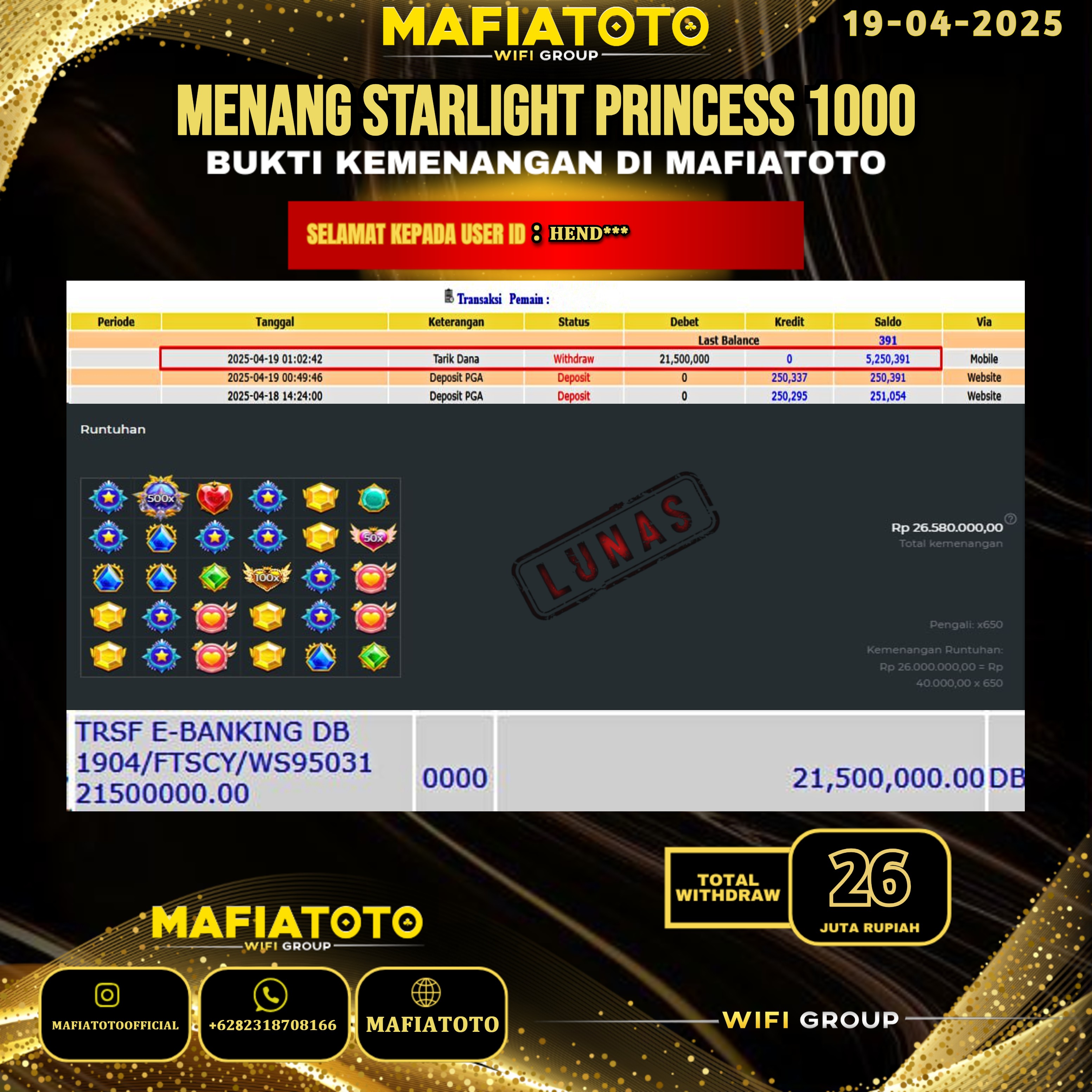 MAFIATOTO JACKPOT SLOT STARLIGHT PRINCESS 1000 RP.26.000.000 - LUNAS ID : HEND***