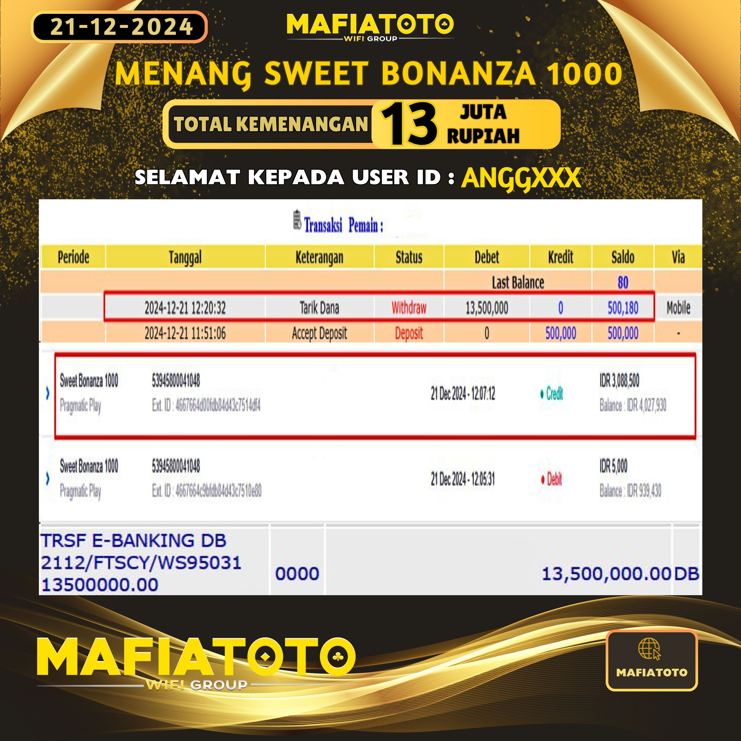 MAFIATOTO JACKPOT SLOT SWEET BONANZA 1000 RP.13.000.000 - LUNAS ID : ANGG***	