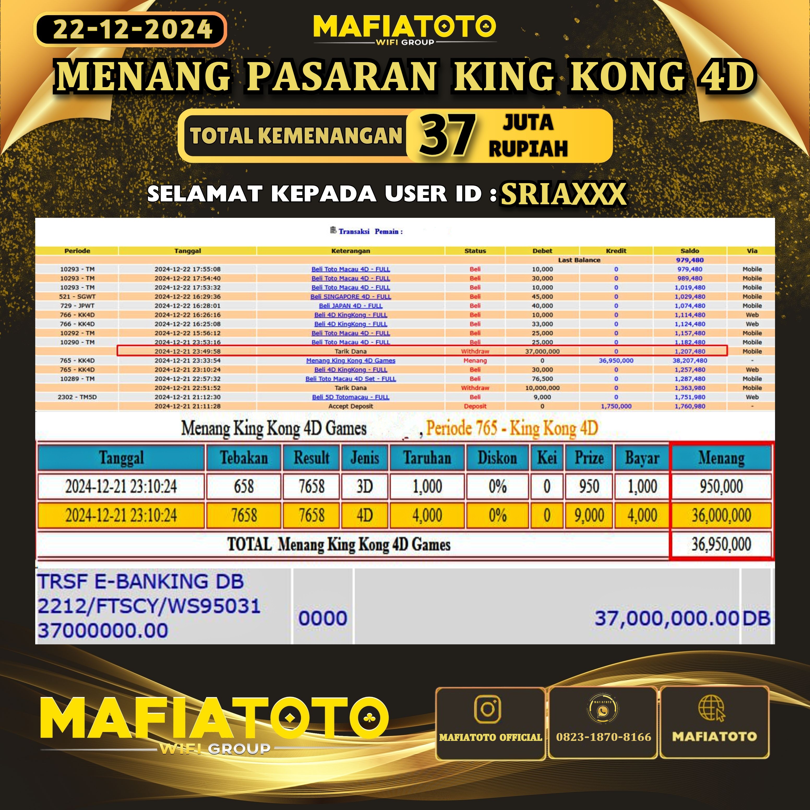 MAFIATOTO JACKPOT TOGEL PASARAN KING KONG 4D RP.37.000.000 - LUNAS ID : SRIA***	