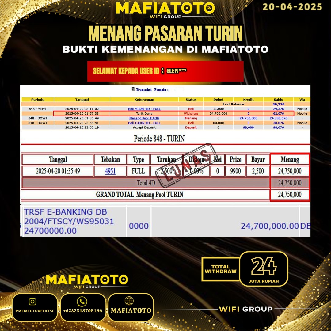MAFIATOTO JACKPOT TOGEL PASARAN TURIN RP.24.000.000 - LUNAS ID : HEN***