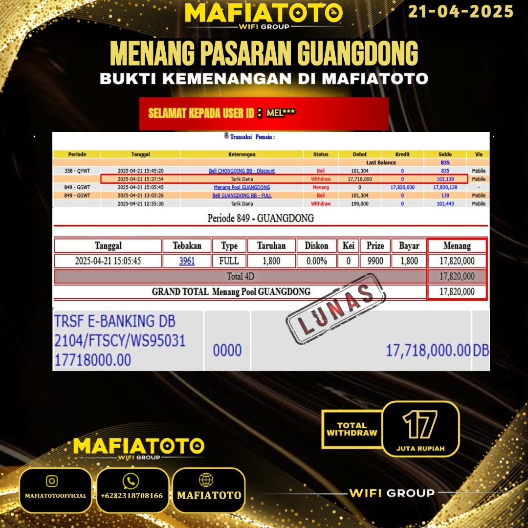 MAFIATOTO JACKPOT TOGEL PASARAN GUANGDONG RP.17.000.000 - LUNAS ID : MEL***