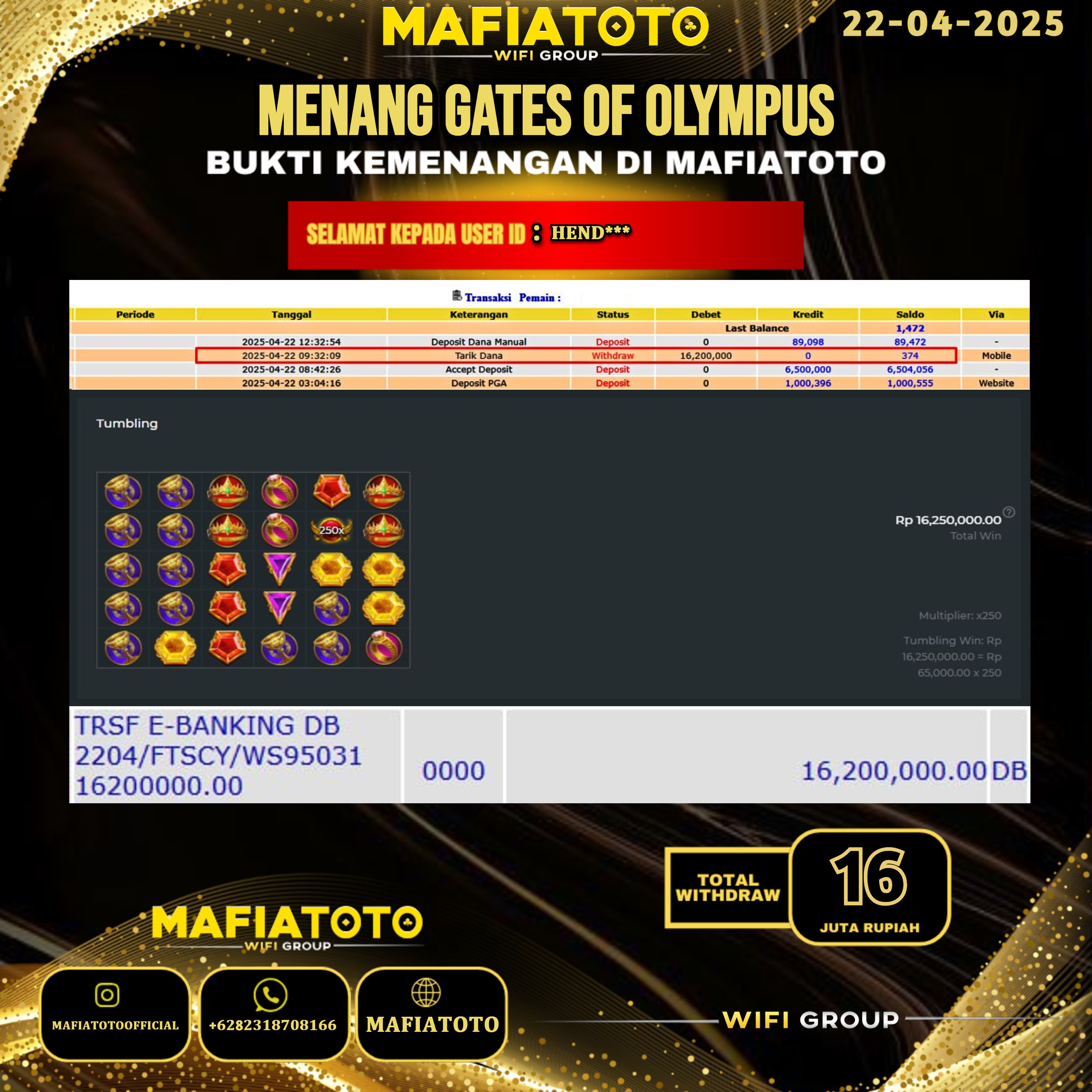 MAFIATOTO JACKPOT SLOT GATES OF OLYMPUS RP.16.000.000 - LUNAS ID : HEND***