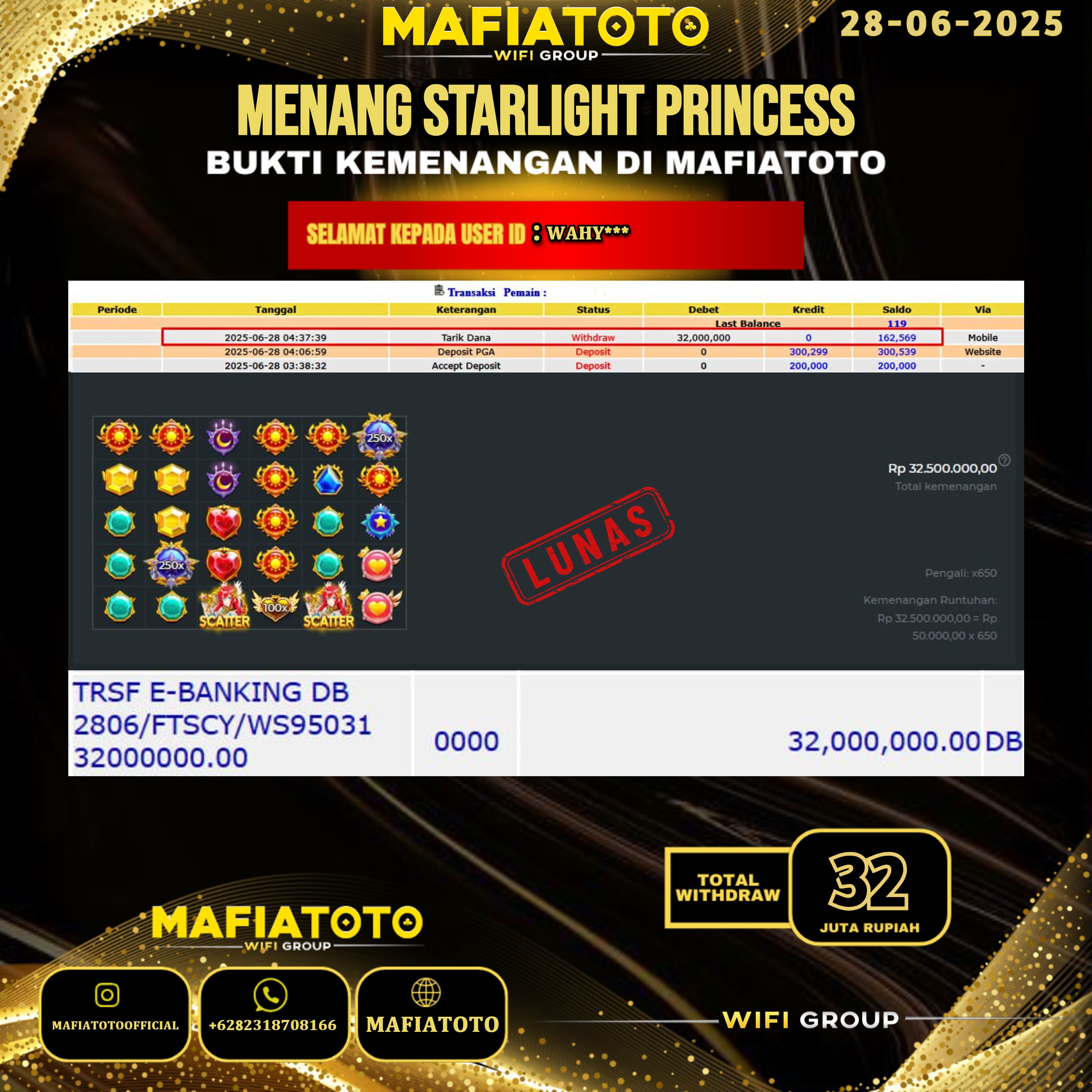 MAFIATOTO JACKPOT SLOT STARLIGHT PRINCESS RP.32.000.000 - LUNAS ID : WAHY***