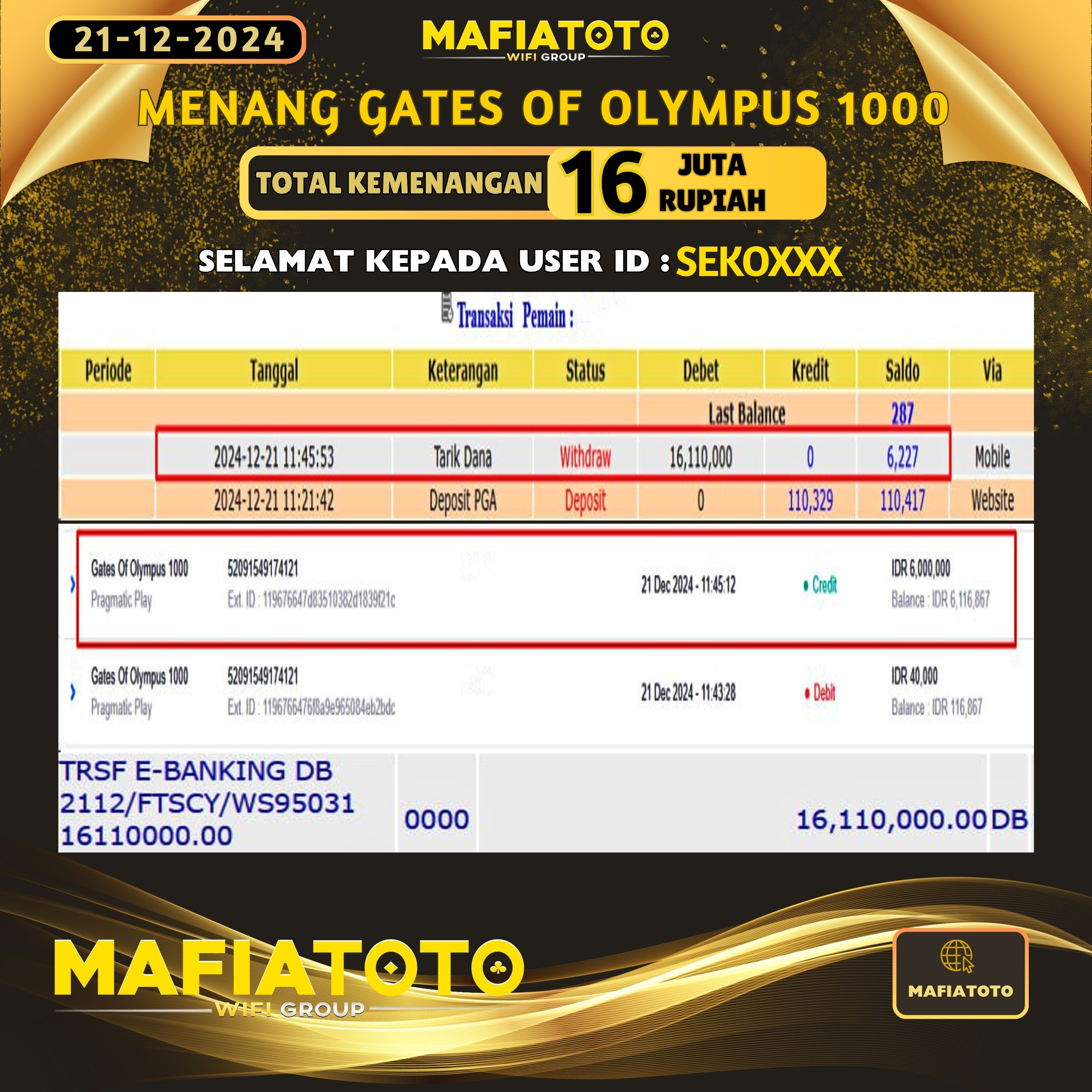 MAFIATOTO JACKPOT SLOT GATES OF OLYMPUS 1000 RP.16.000.000 - LUNAS ID : SEKO***	