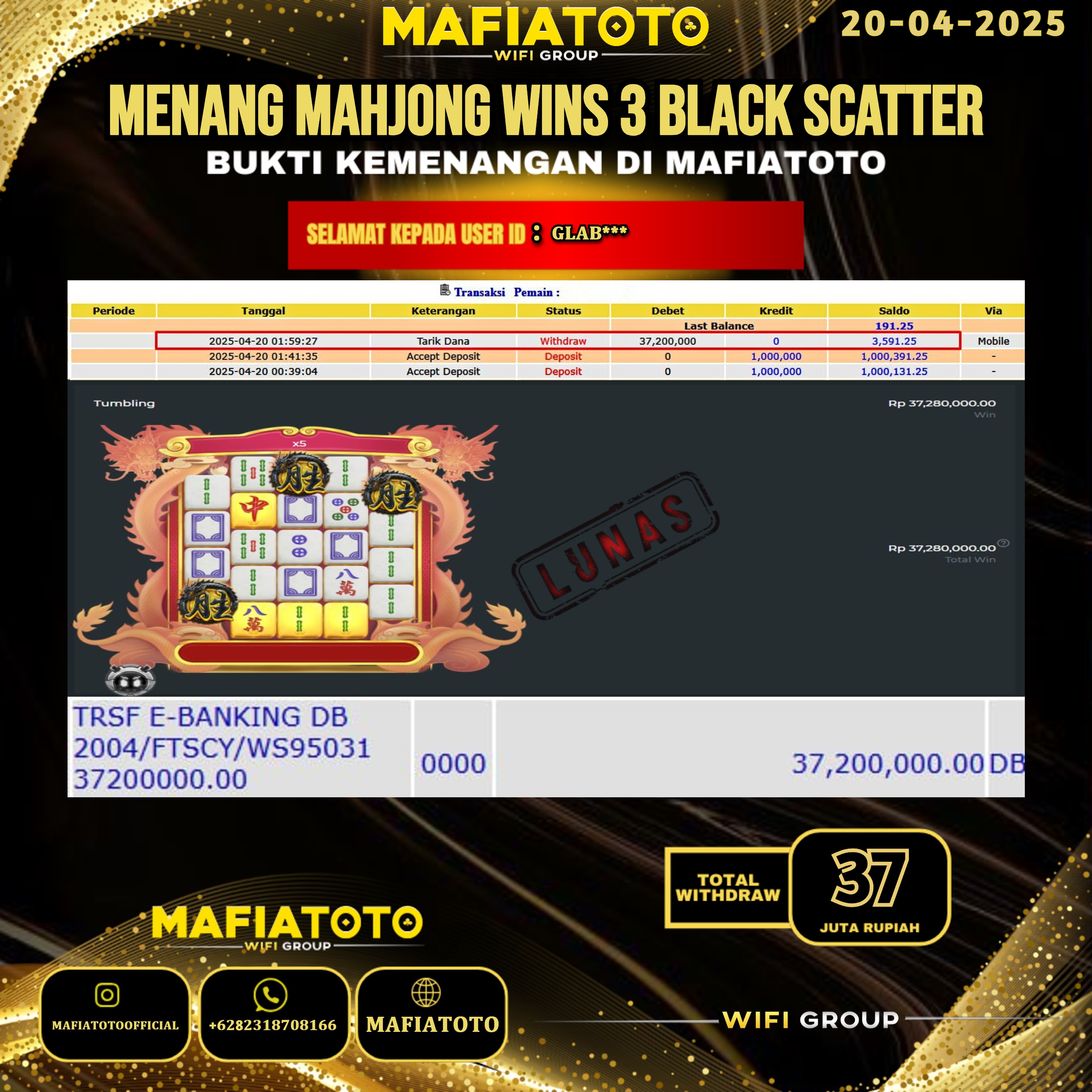 AFIATOTO JACKPOT SLOT MAHJONG WINS 3 BLACK SCATTER RP.37.000.000 - LUNAS ID : GLAB***