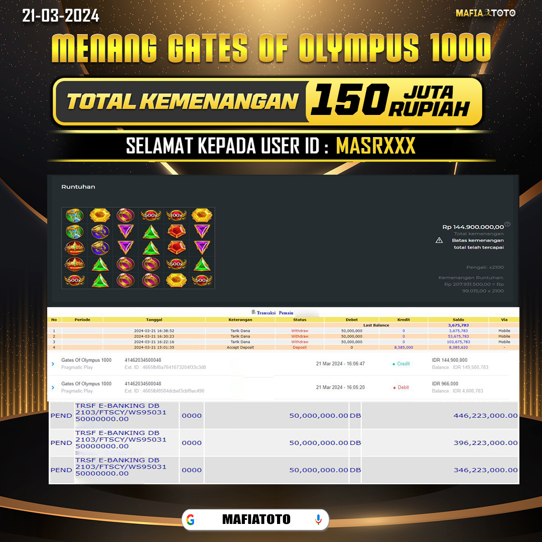 MAFIATOTO JACKPOT SLOT GATES OF OLYMPUS 1000 Rp.150.000.000,- LUNAS