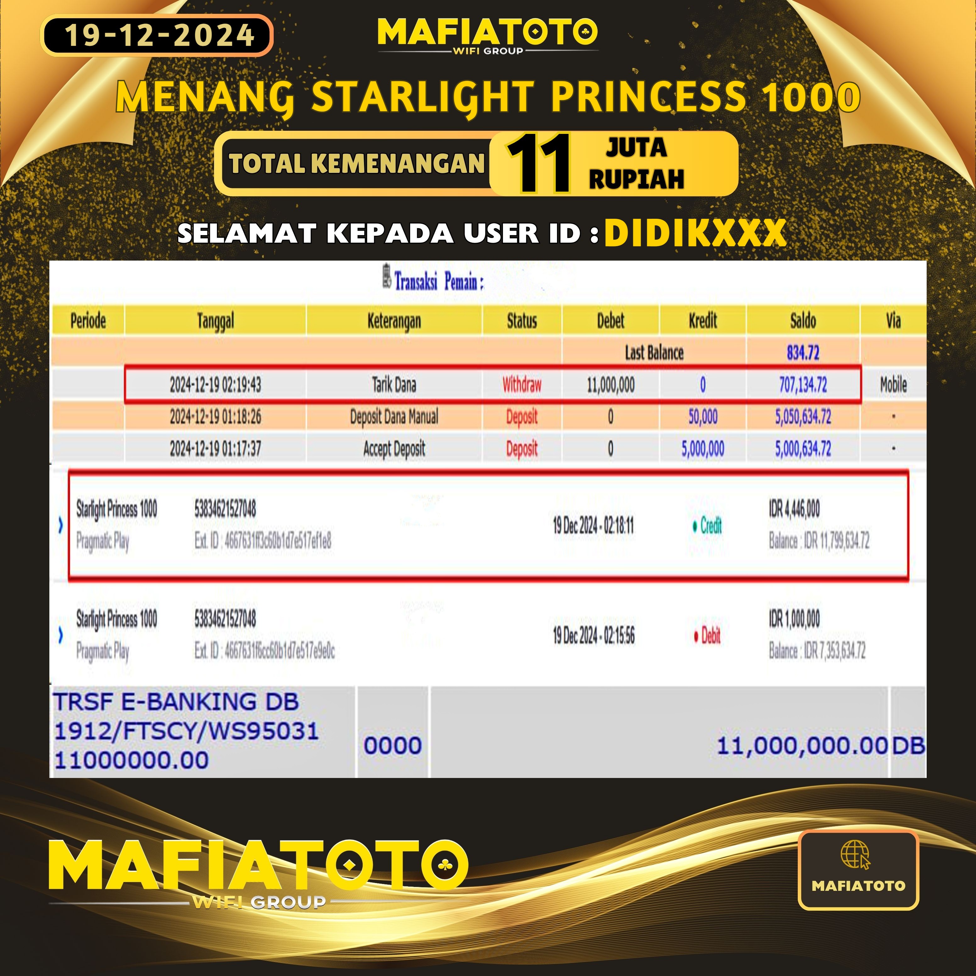 MAFIATOTO JACKPOT SLOT STARLIGHT PRINCESS 1000 RP.11.000.000 - LUNAS ID : DIDIK***	