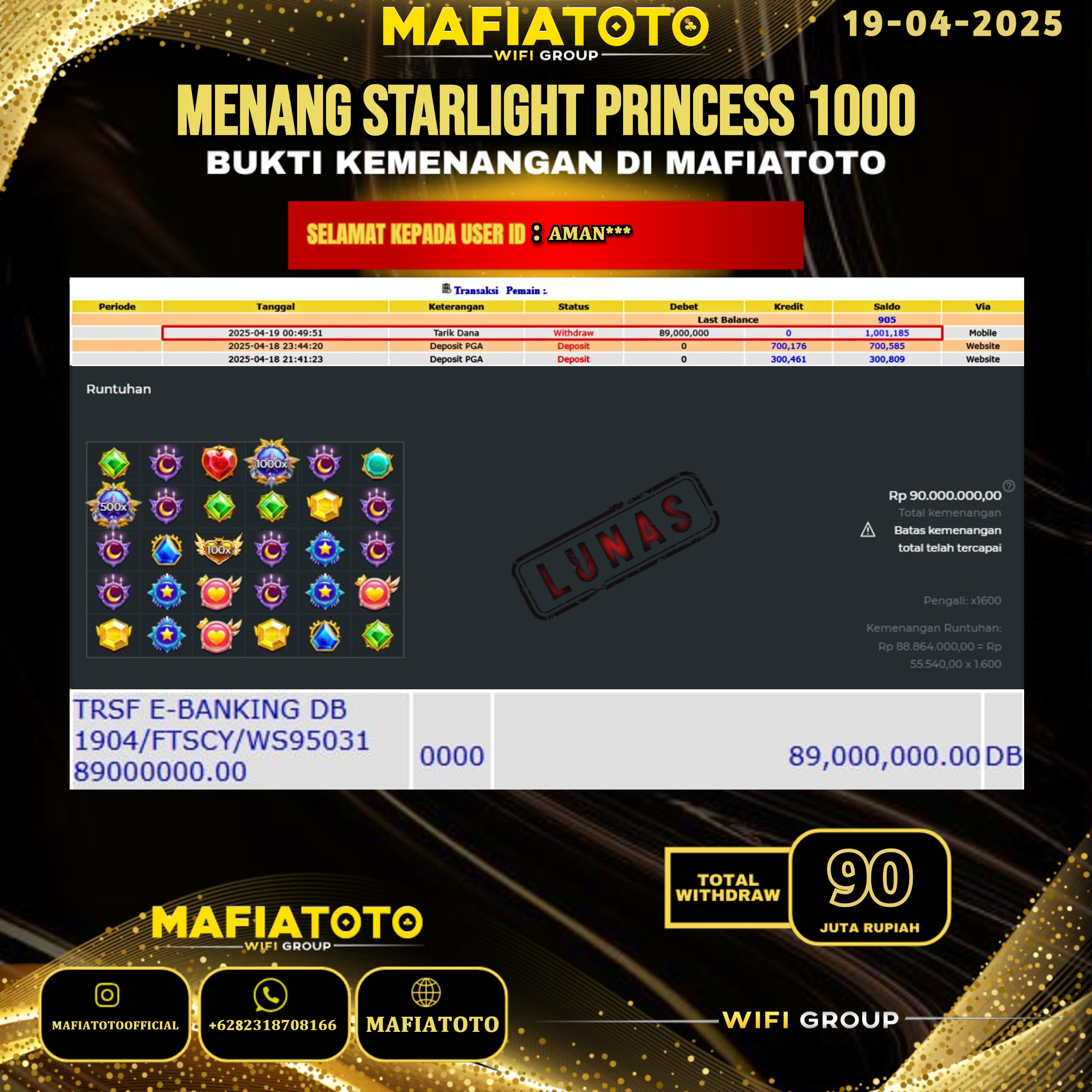 MAFIATOTO JACKPOT SLOT STARLIGHT PRINCESS 1000 RP.90.000.000 - LUNAS ID : AMAN***