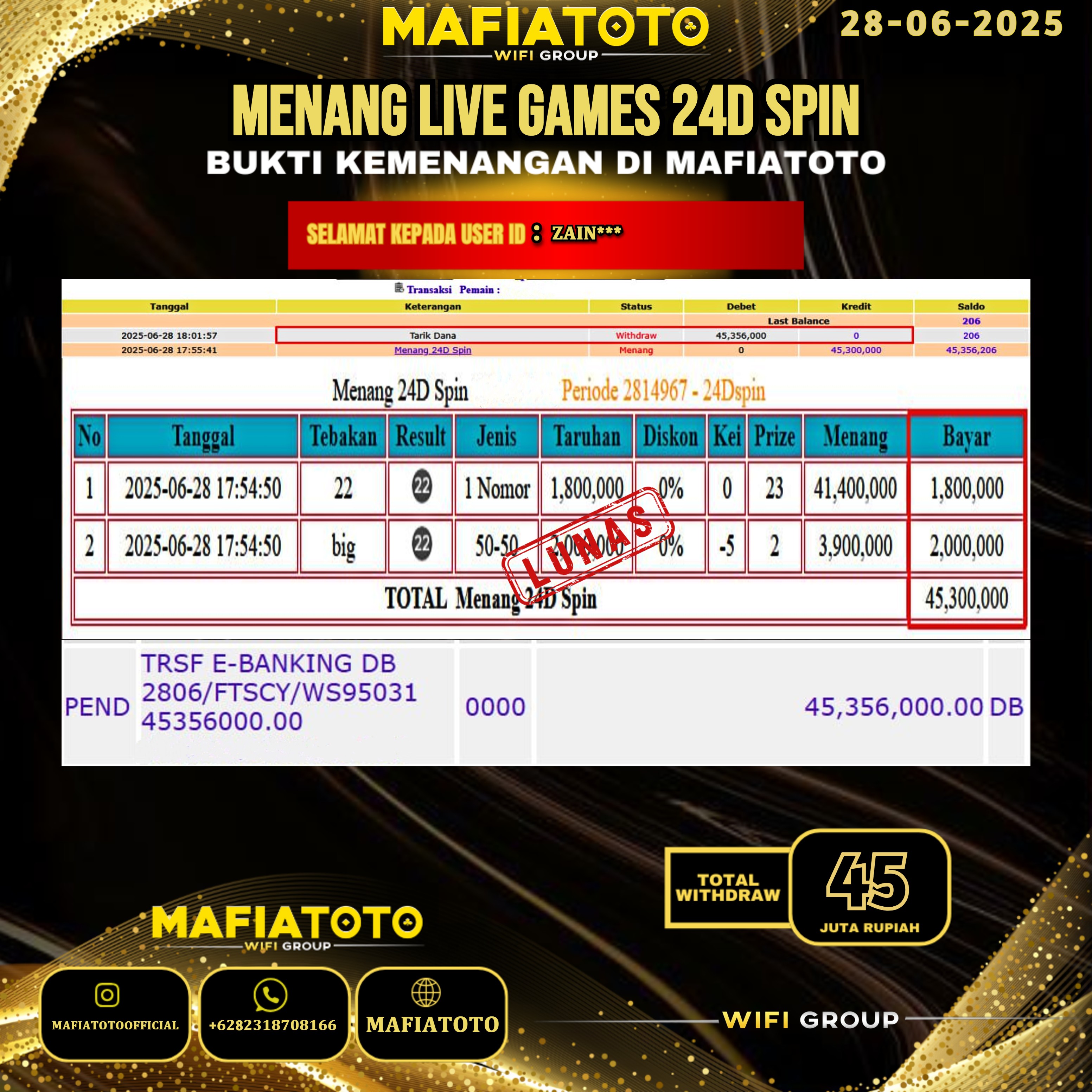 MAFIATOTO JACKPOT LIVE GAMES 24D SPIN RP.45.000.000 - LUNAS ID : ZAIN***