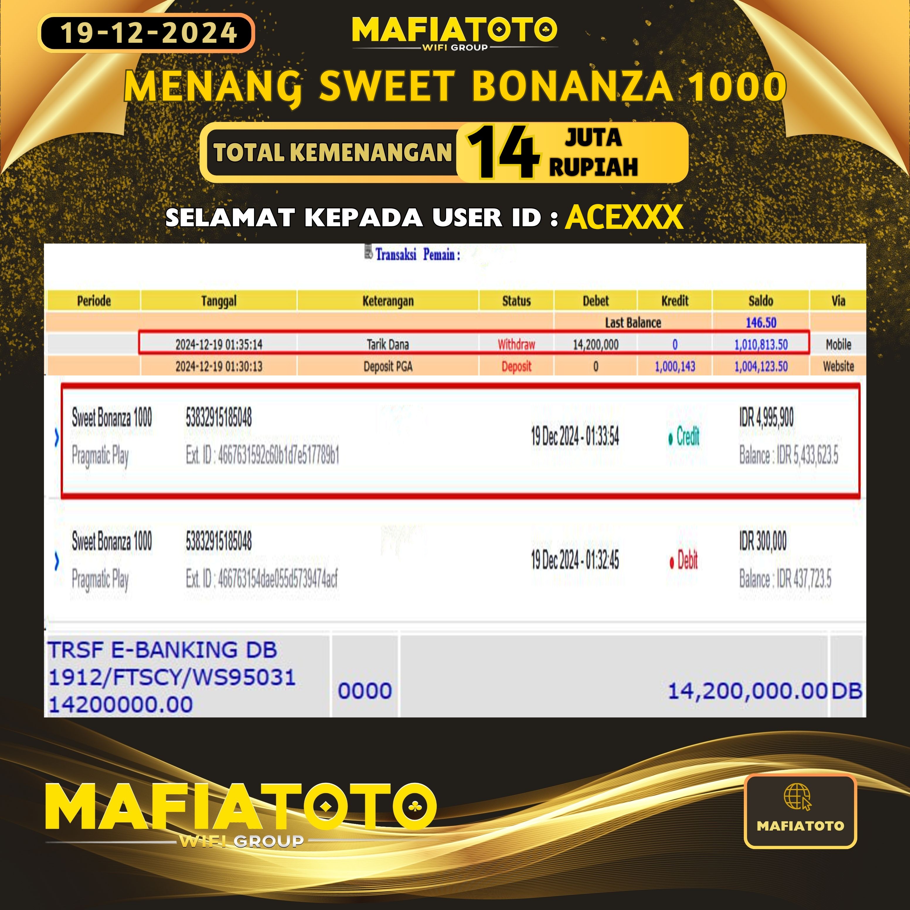 MAFIATOTO JACKPOT SLOT SWEET BONANZA 1000 RP.14.000.000 - LUNAS ID : ACE***	