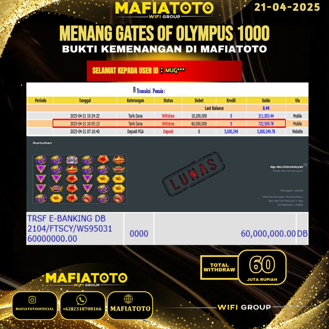 MAFIATOTO JACKPOT SLOT GATES OF OLYMPUS 1000 RP.60.000.000 - LUNAS ID : MUG***