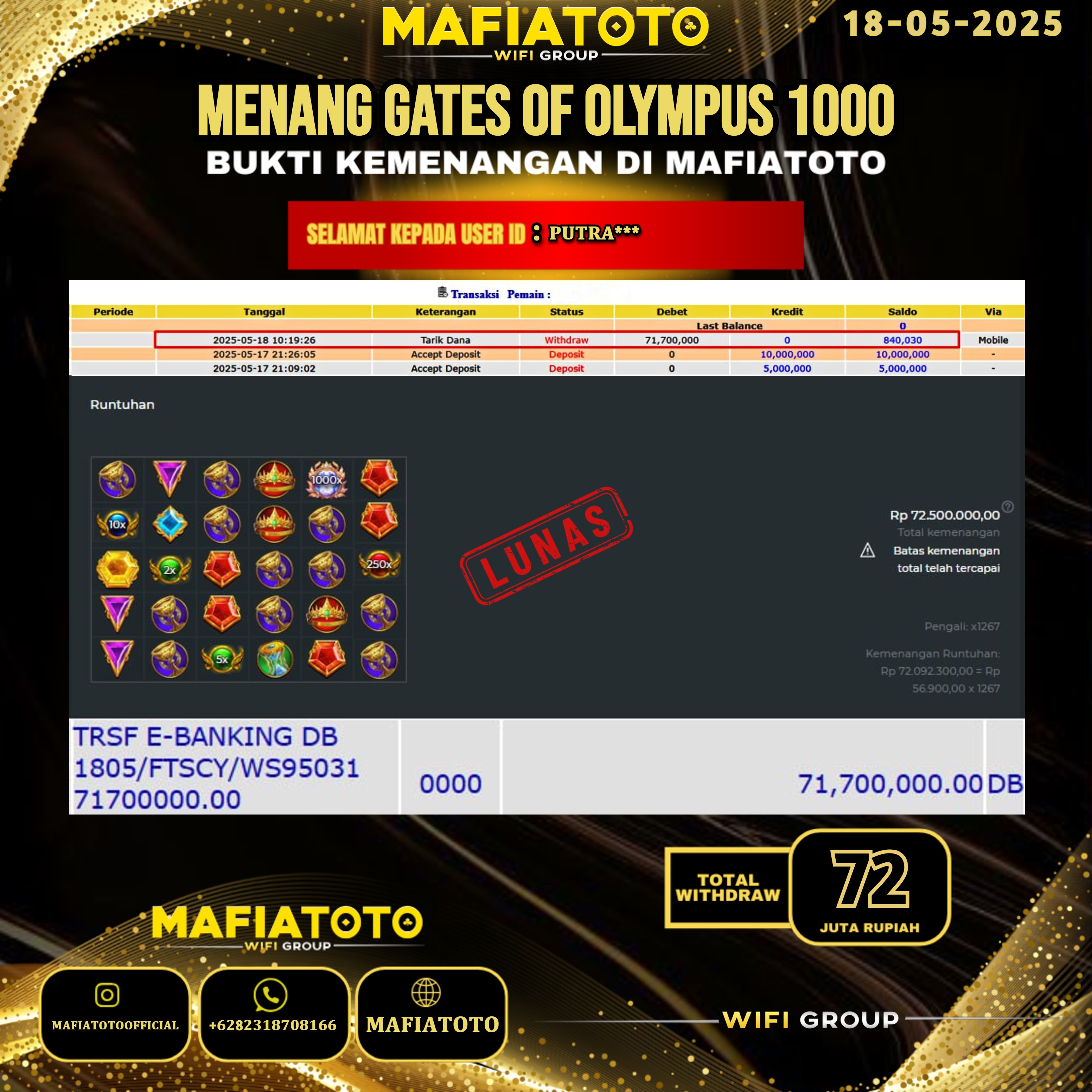 MAFIATOTO JACKPOT SLOT GATES OF OLYMPUS 1000 RP.72.000.000 - LUNAS ID : PUTRA***