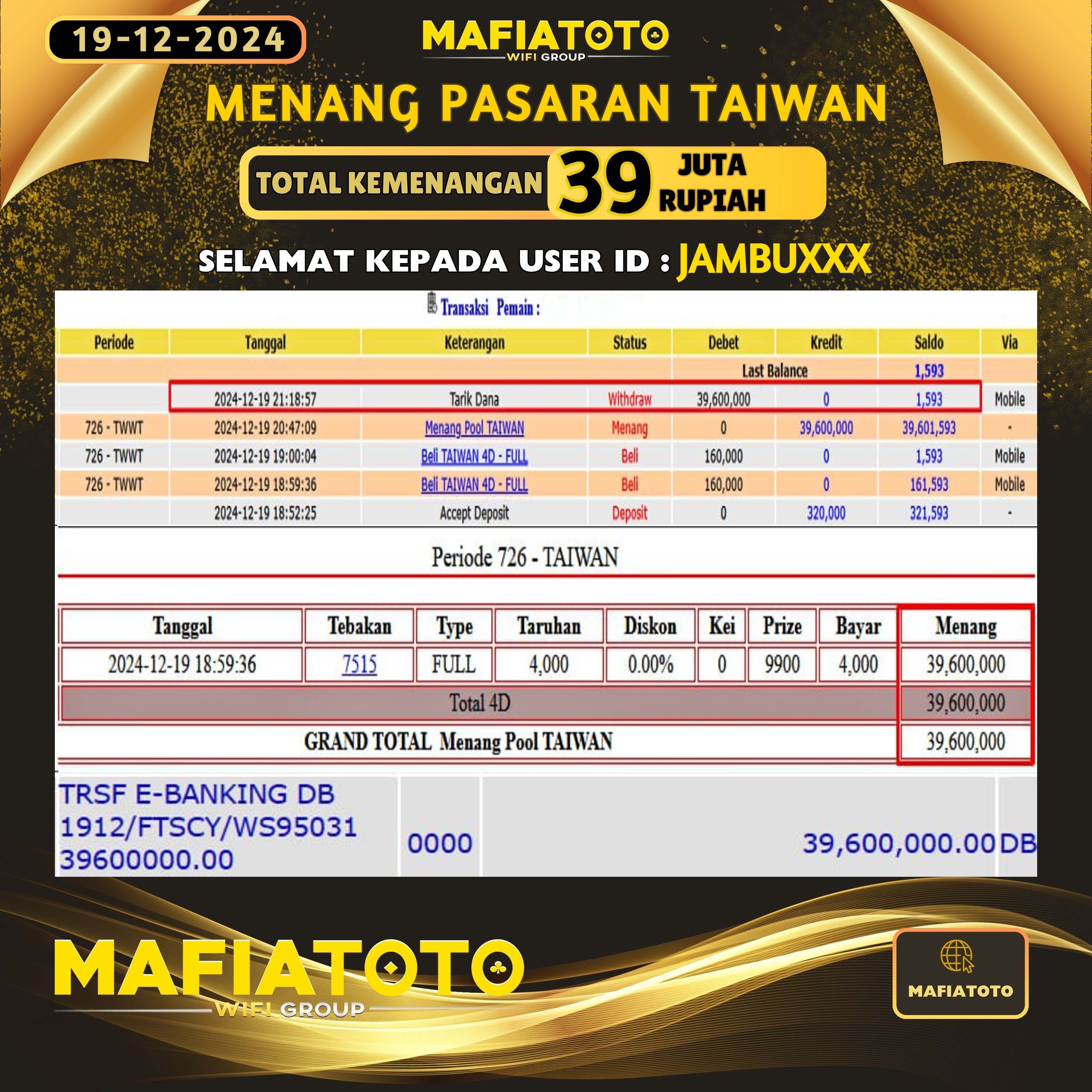 MAFIATOTO JACKPOT TOGEL PASARAN TAIWAN RP.39.000.000 - LUNAS ID : JAMBU***	