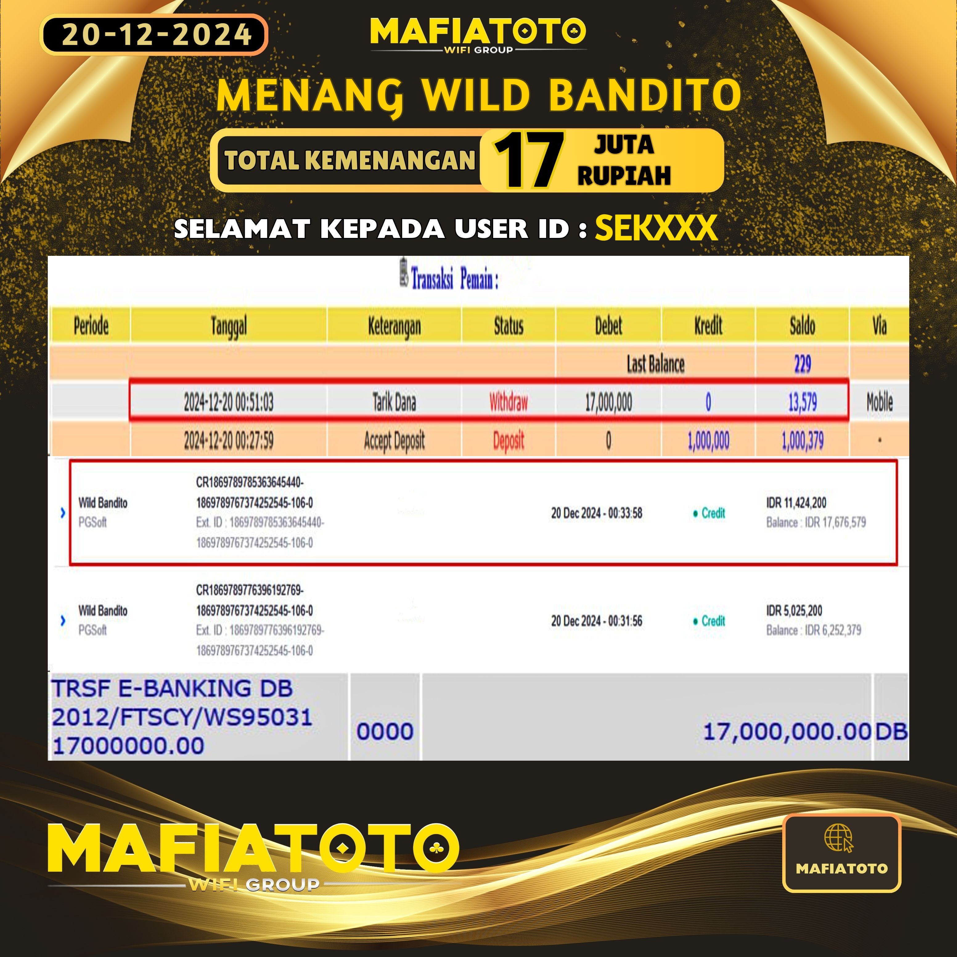 MAFIATOTO JACKPOT SLOT WILD BANDITO RP.17.000.000 - LUNAS ID : SEK***	