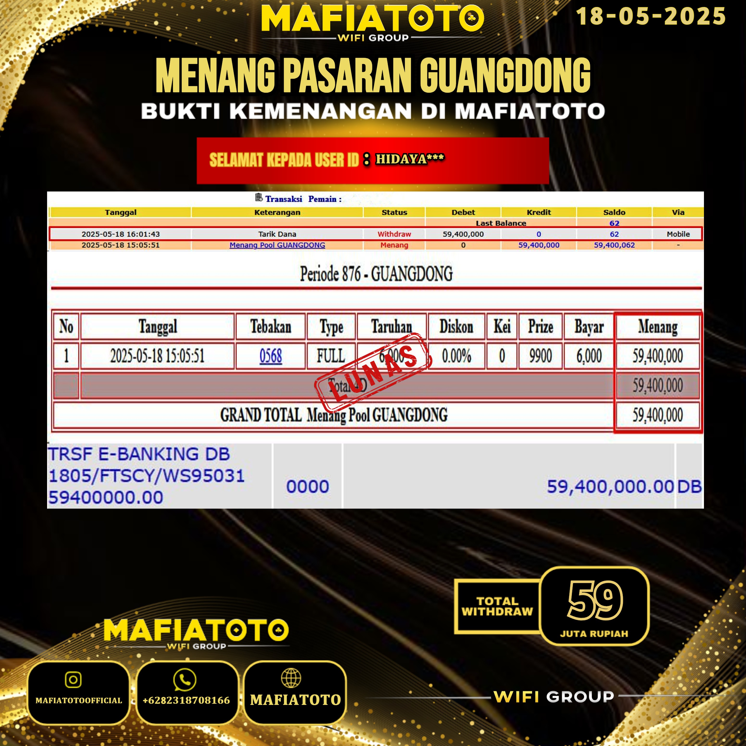 MAFIATOTO JACKPOT TOGEL PASARAN GUANGDONG RP.59.000.000 - LUNAS ID : HIDAYA***