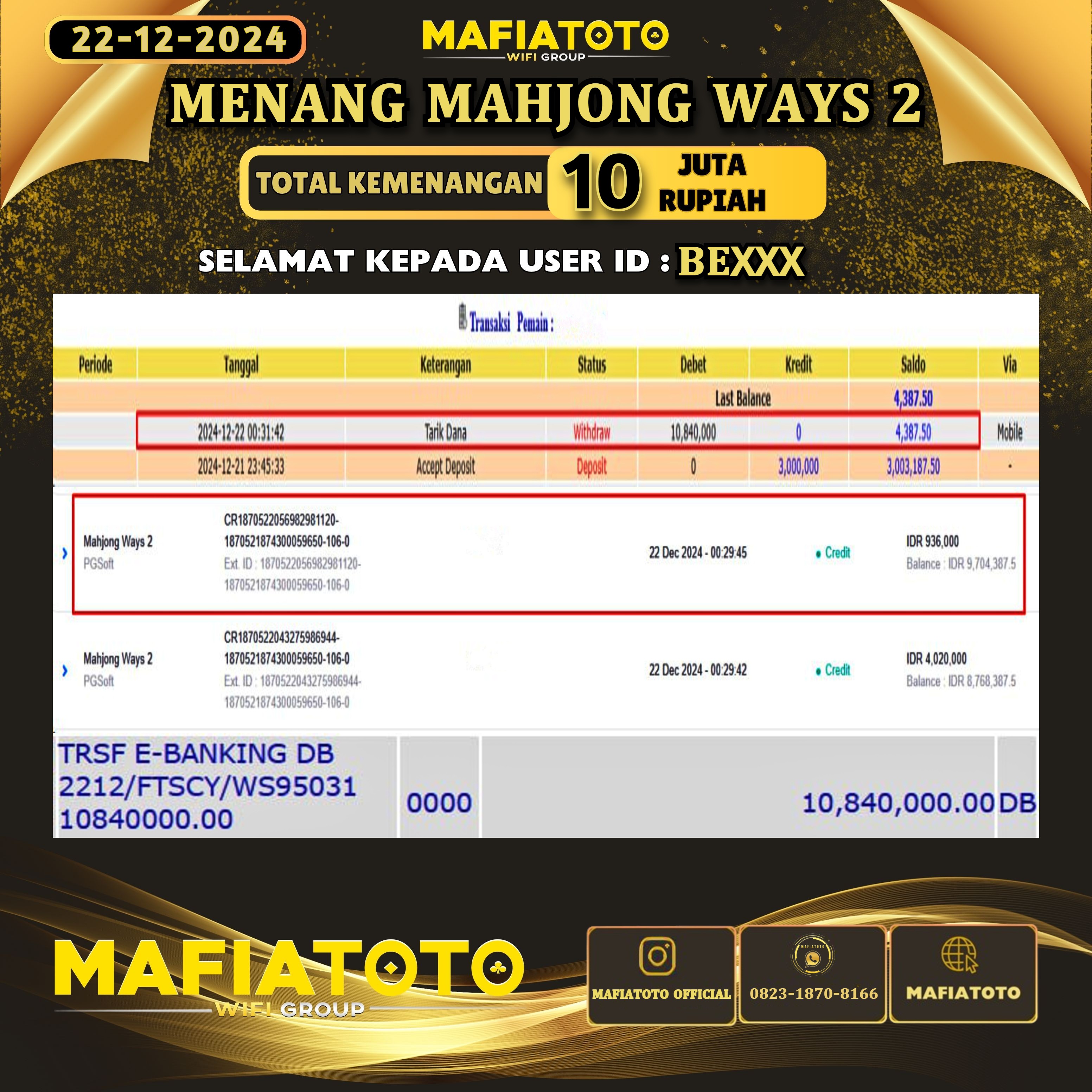 MAFIATOTO JACKPOT SLOT MAHJONG WAYS 2 RP.10.000.000 - LUNAS ID : BE***	