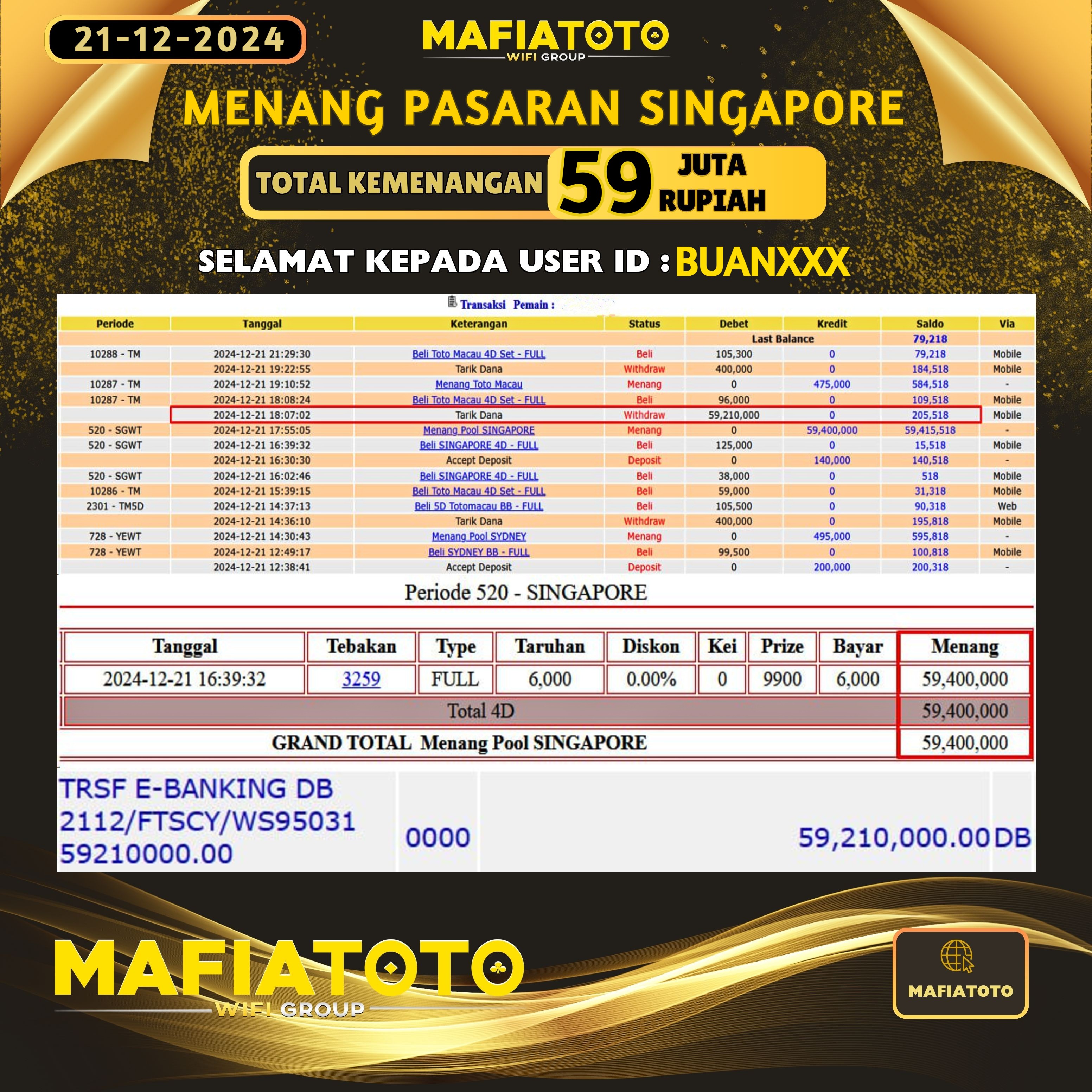 MAFIATOTO JACKPOT TOGEL PASARAN SINGAPORE RP.59.000.000 - LUNAS ID : BUAN***	