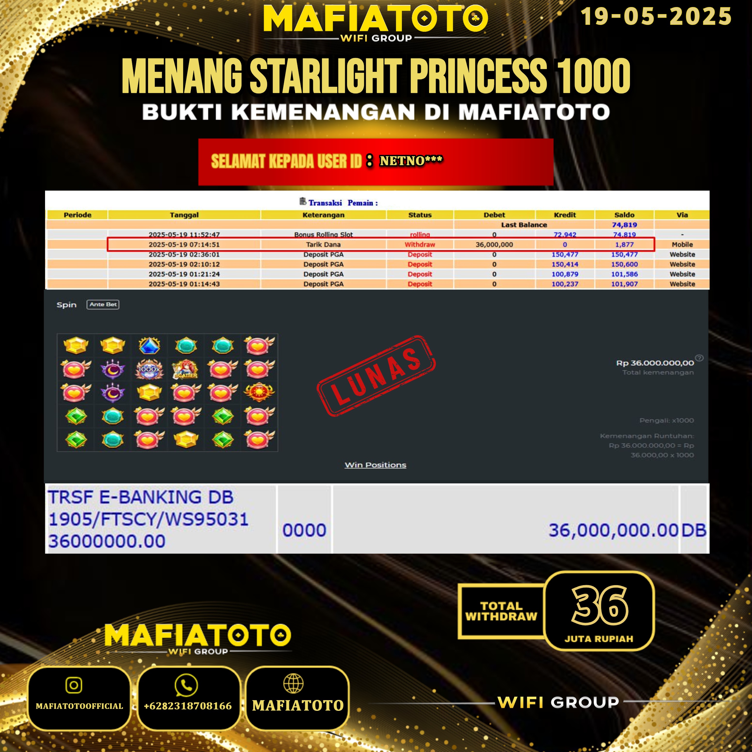 MAFIATOTO JACKPOT SLOT STARLIGHT PRINCESS 1000 RP.36.000.000 - LUNAS ID : NETNO***