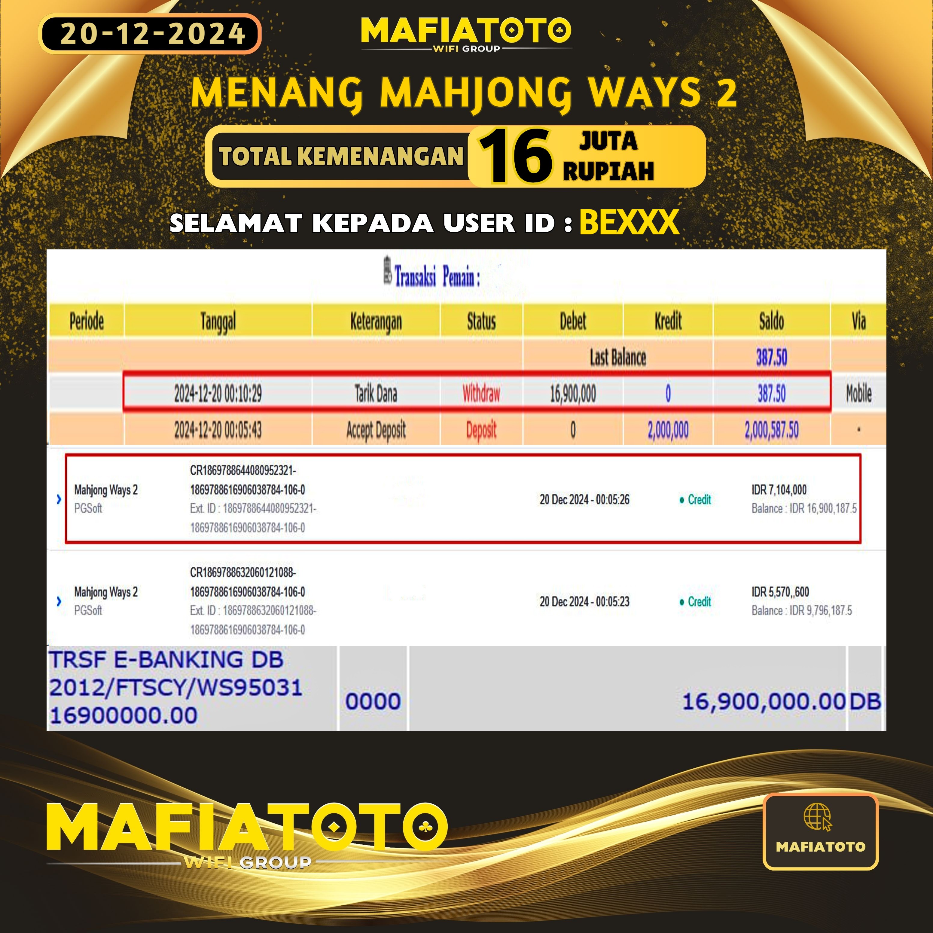 MAFIATOTO JACKPOT SLOT MAHJONG WAYS 2 RP.16.000.000 - LUNAS ID : BE***	