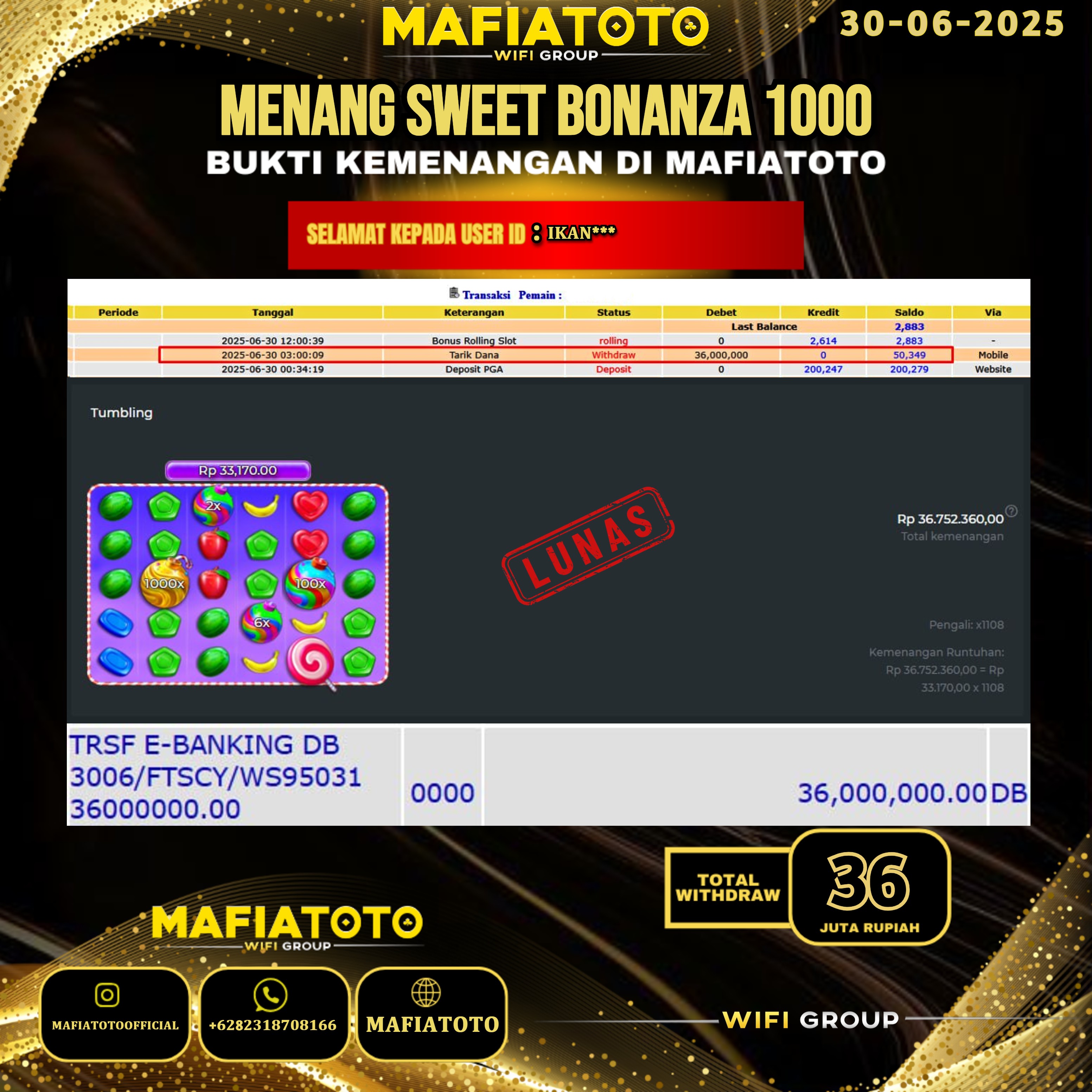 MAFIATOTO JACKPOT SLOT SWEET BONANZA 1000 RP.36.000.000 - LUNAS ID : IKAN***