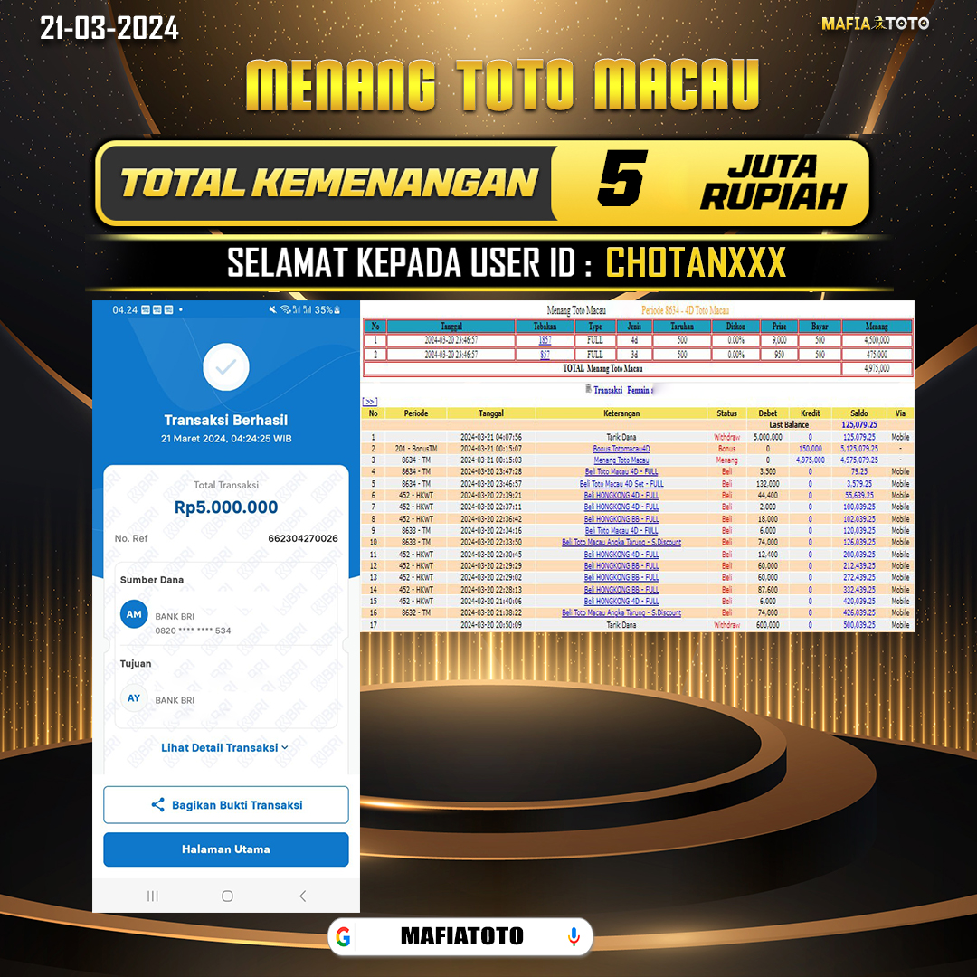 MAFIATOTO JACKPOT TOGEL PASARAN TOTOMACAU 4D Rp.5.000.000,- LUNAS