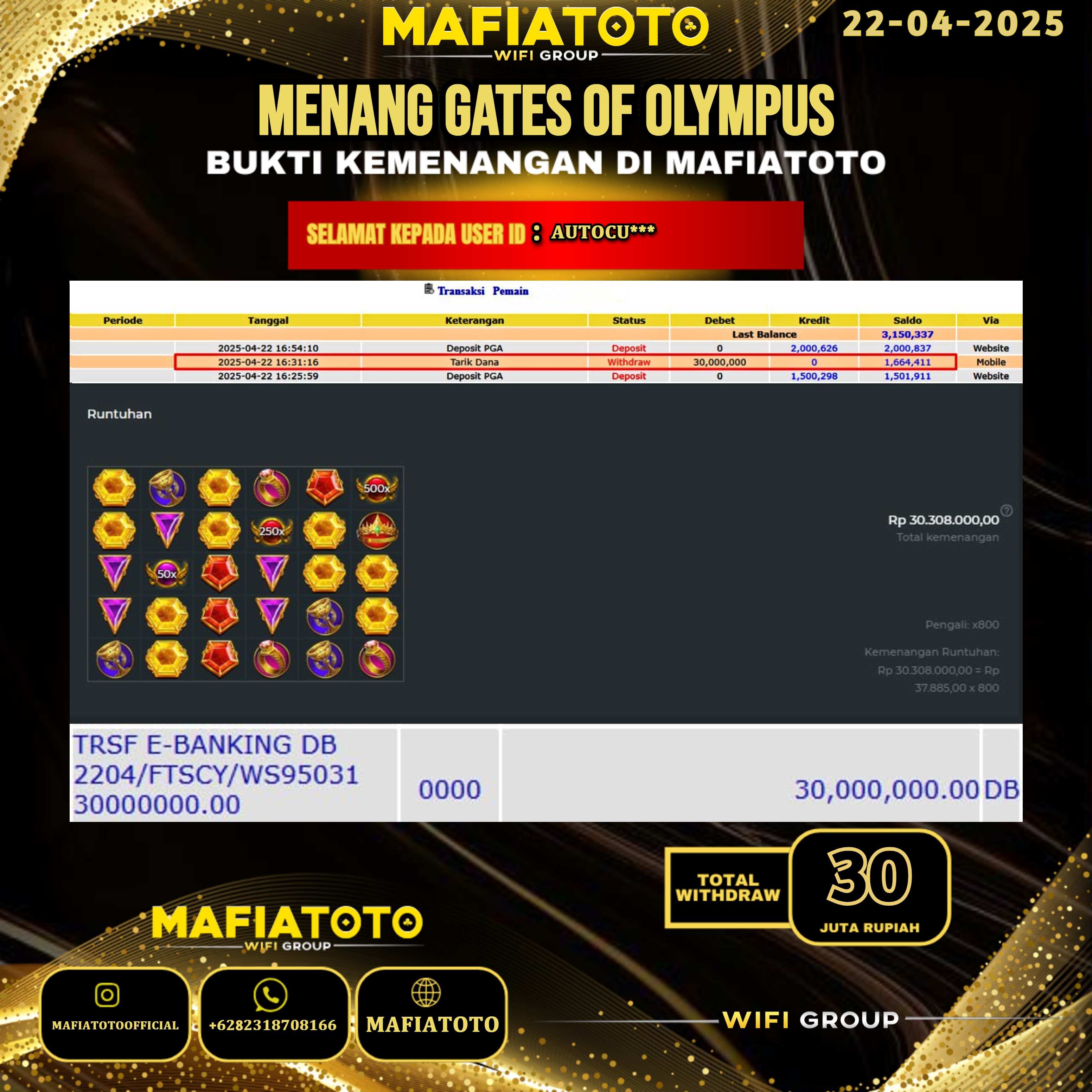 MAFIATOTO JACKPOT SLOT GATES OF OLYMPUS RP.30.000.000 - LUNAS ID : AUTOCU***