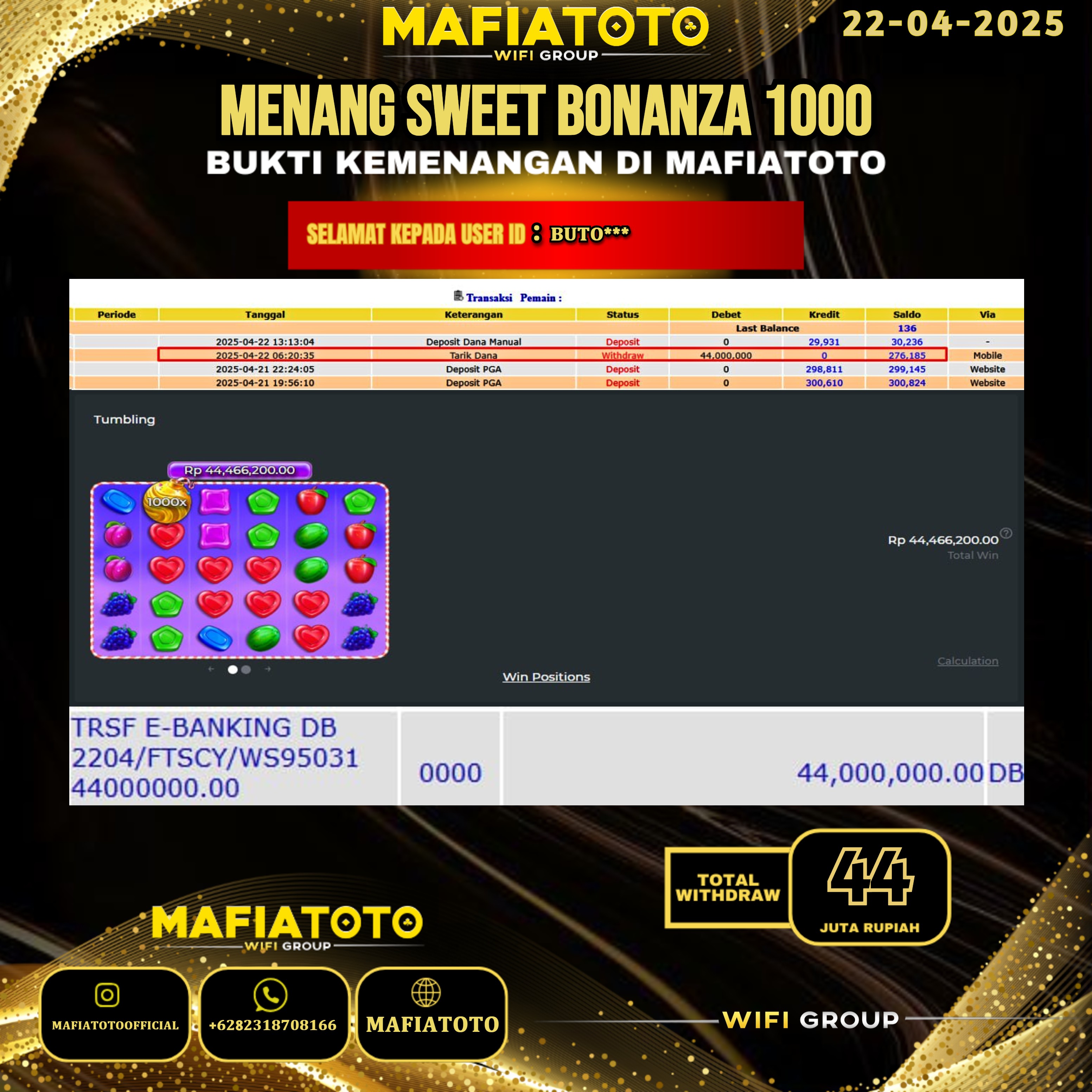 MAFIATOTO JACKPOT SLOT SWEET BONANZA 1000 RP.44.000.000 - LUNAS ID : BUTO***