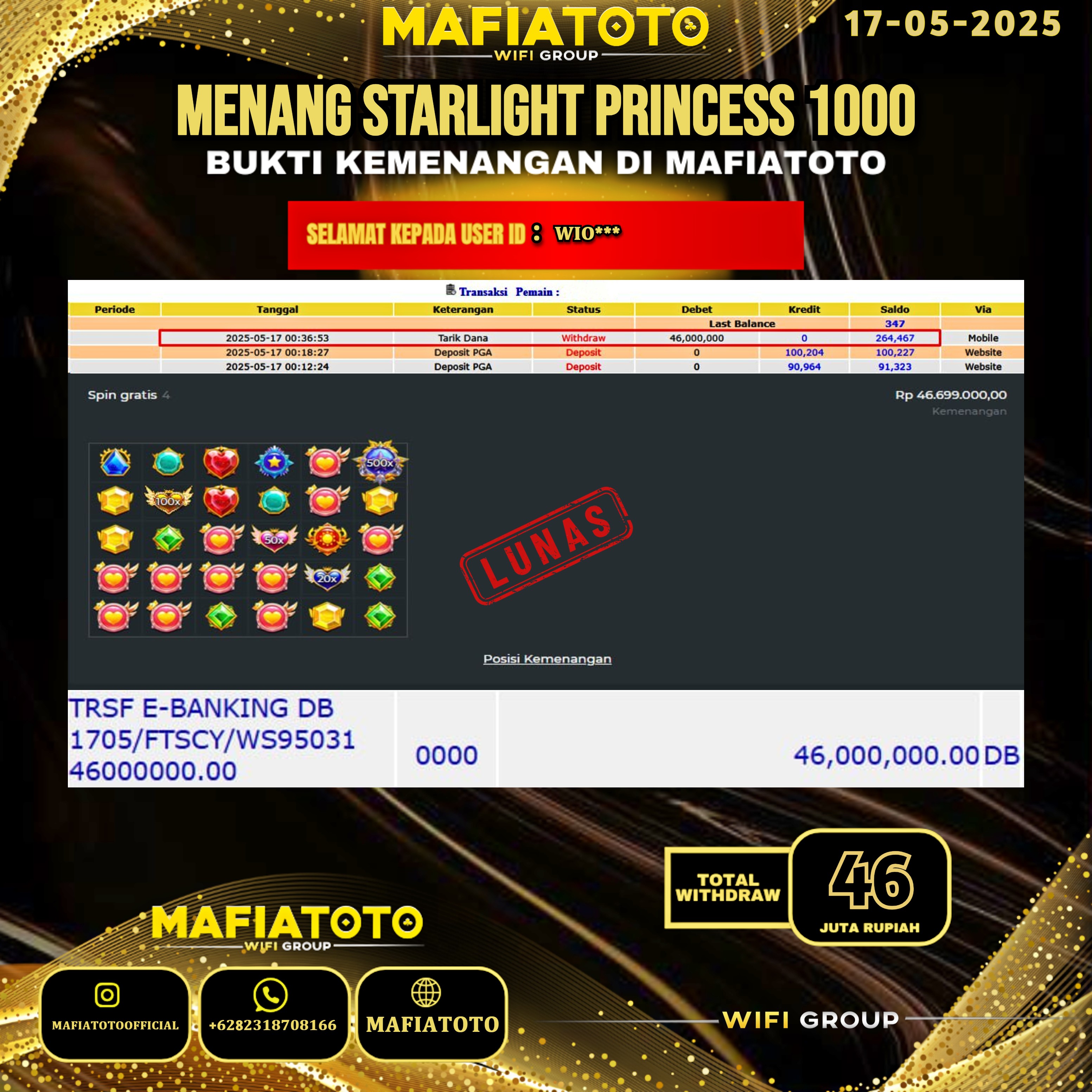 MAFIATOTO JACKPOT SLOT STARLIGHT PRINCESS 1000 RP.46.000.000 - LUNAS ID : WIO***
