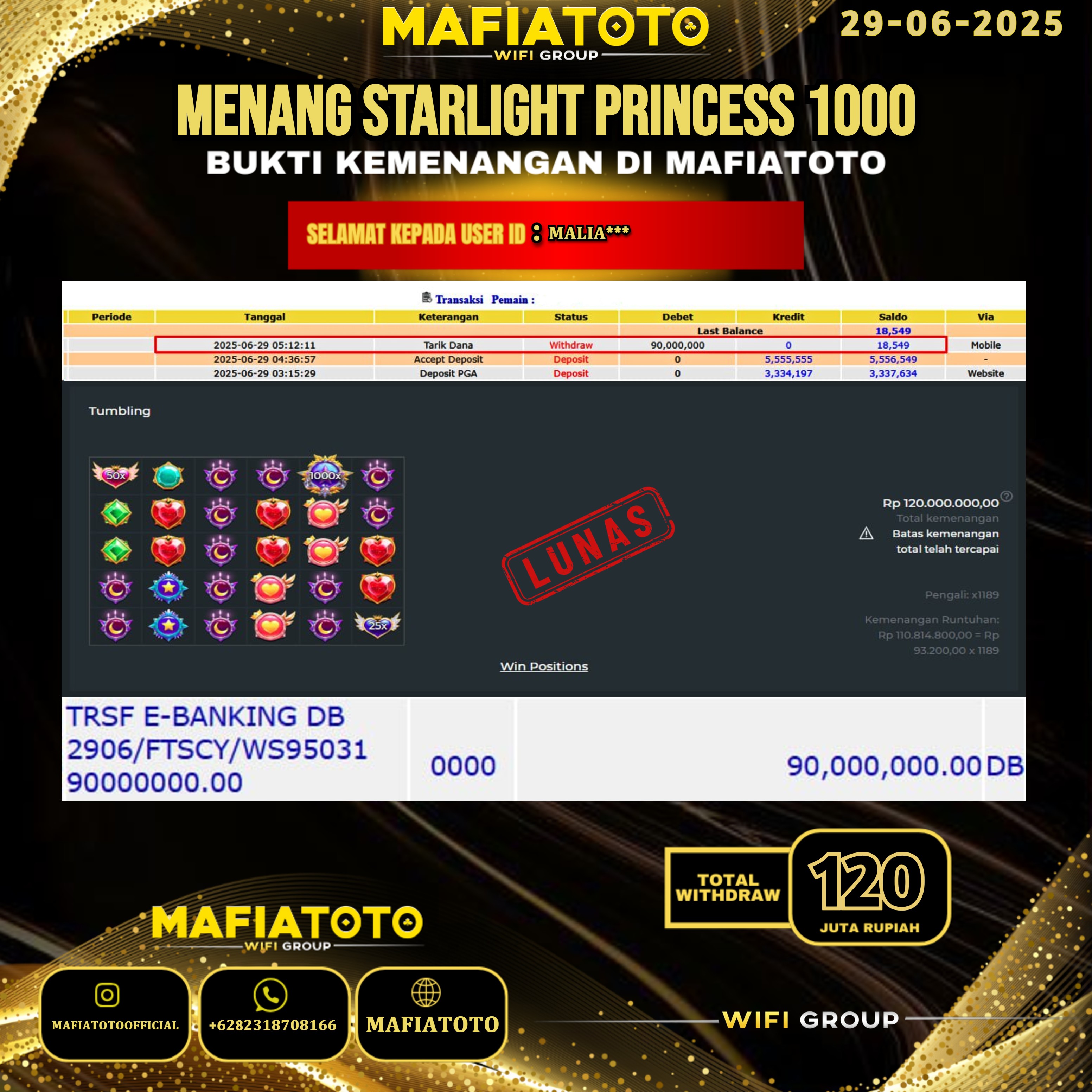 MAFIATOTO JACKPOT SLOT STARLIGHT PRINCESS 1000 RP.120.000.000 - LUNAS ID : MALIA***